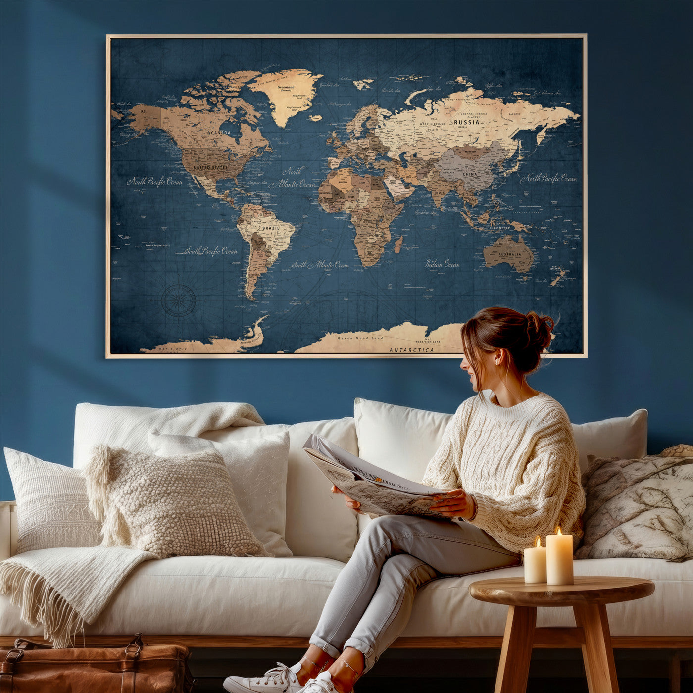 69886352-MGV-CV-36X24 - World Map Wall Art Canvas Print, Modern Decorative Framed Map Artwork Prints for Living Room, Office, Bedroom Wall Decor