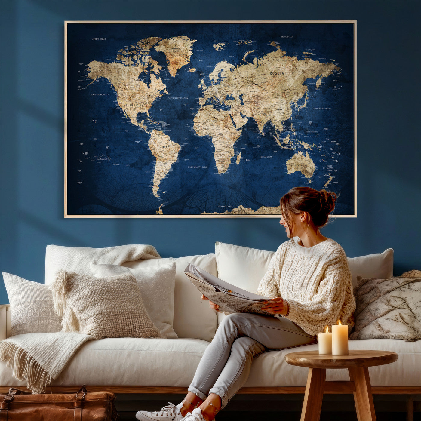 57503519-MGV-CV-36X24 - World Map Wall Art Canvas Print, Modern Decorative Framed Map Artwork Prints for Living Room, Office, Bedroom Wall Decor