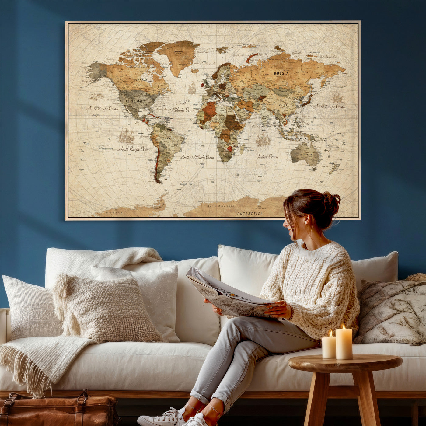 30704397-MGV-CV-36X24 - World Map Wall Art Canvas Print, Modern Decorative Framed Map Artwork Prints for Living Room, Office, Bedroom Wall Decor