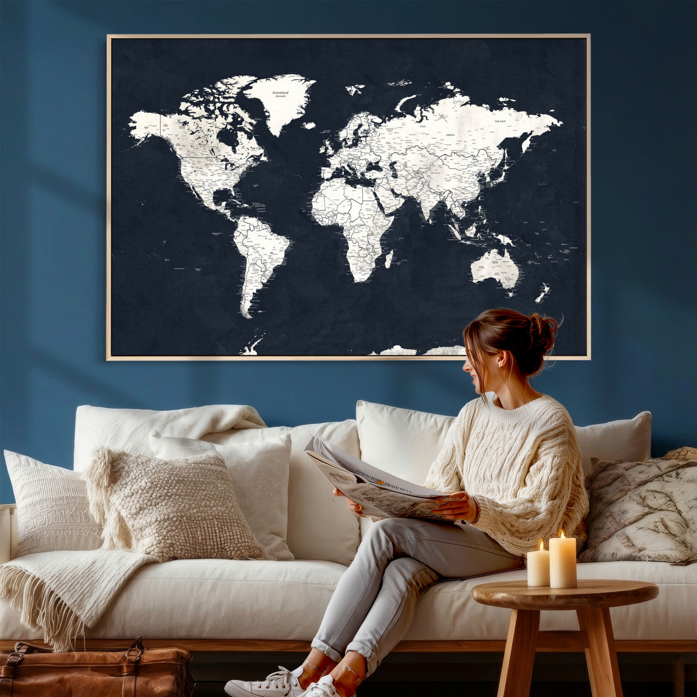 11963807-MGV-CV-36X24 - World Map Wall Art Canvas Print, Modern Decorative Framed Map Artwork Prints for Living Room, Office, Bedroom Wall Decor