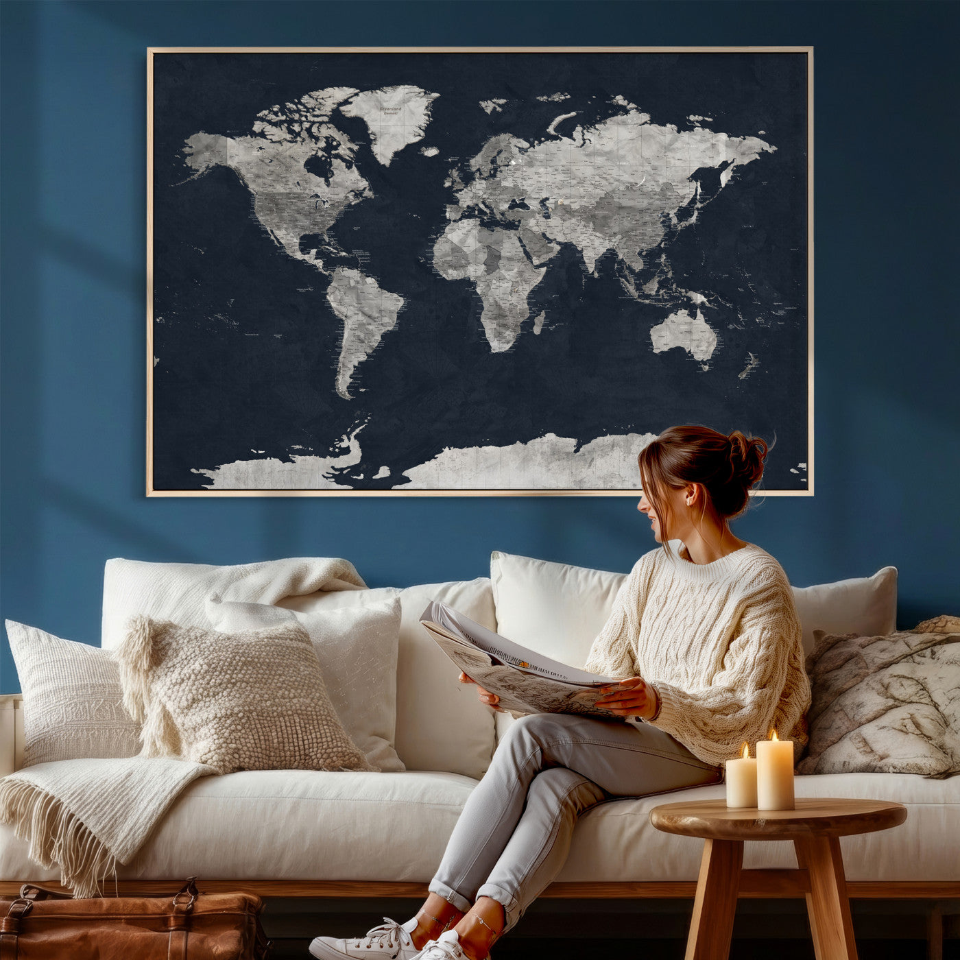 53886659-MGV-CV-36X24 - World Map Wall Art Canvas Print, Modern Decorative Framed Map Artwork Prints for Living Room, Office, Bedroom Wall Decor