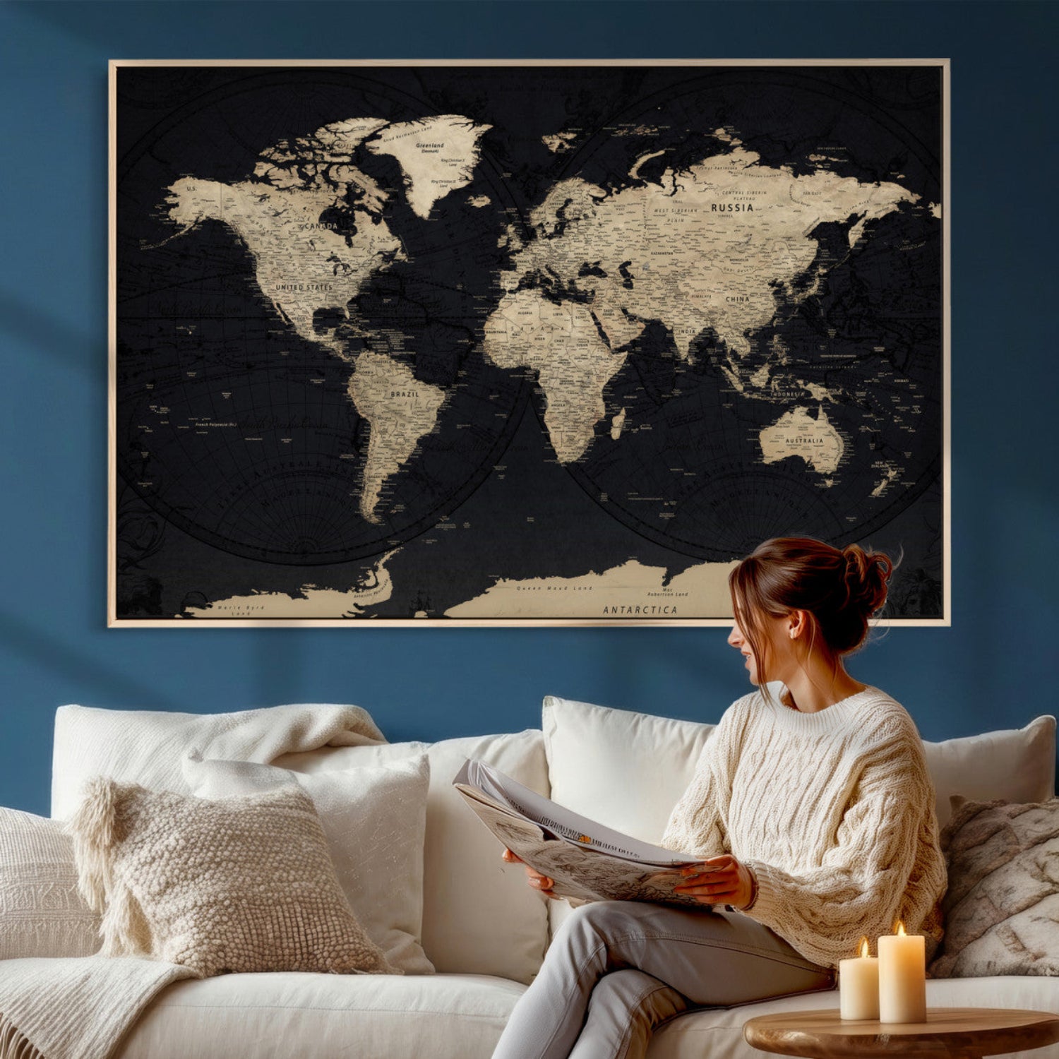 61835687-MGV-CV-36X24 - World Map Wall Art Canvas Print, Modern Decorative Framed Map Artwork Prints for Living Room, Office, Bedroom Wall Decor