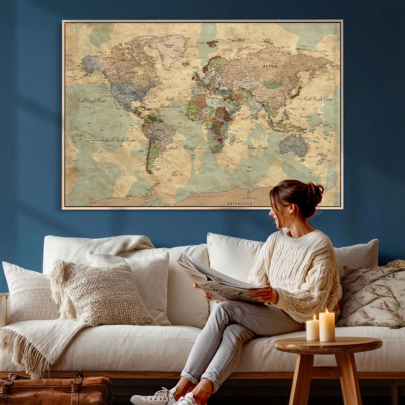 72396478-MGV-CV-36X24 - World Map Wall Art Canvas Print, Modern Decorative Framed Map Artwork Prints for Living Room, Office, Bedroom Wall Decor