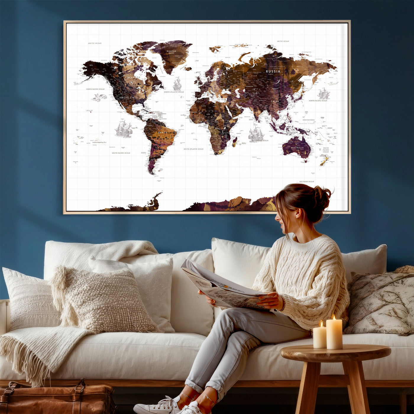 34792695-MGV-CV-36X24 - World Map Wall Art Canvas Print, Modern Decorative Framed Map Artwork Prints for Living Room, Office, Bedroom Wall Decor