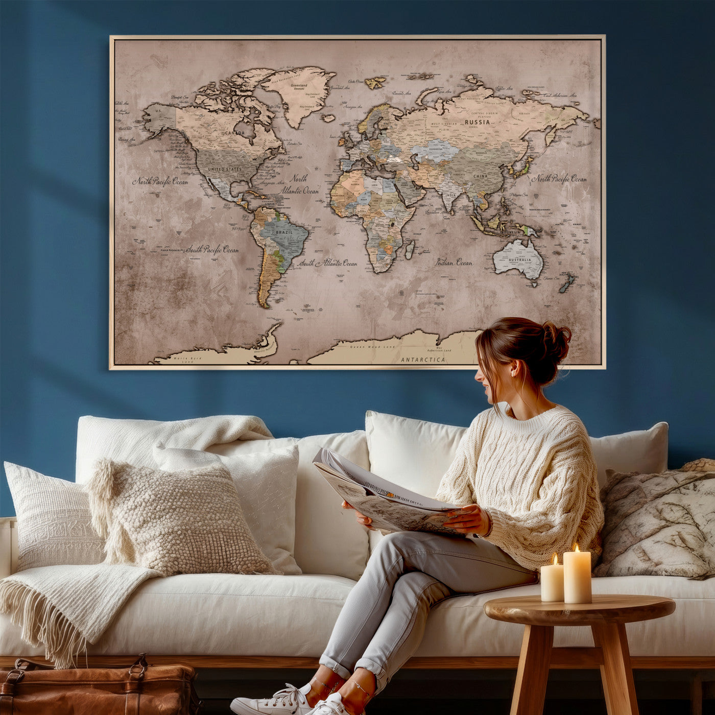 91471273-MGV-CV-36X24 - World Map Wall Art Canvas Print, Modern Decorative Framed Map Artwork Prints for Living Room, Office, Bedroom Wall Decor