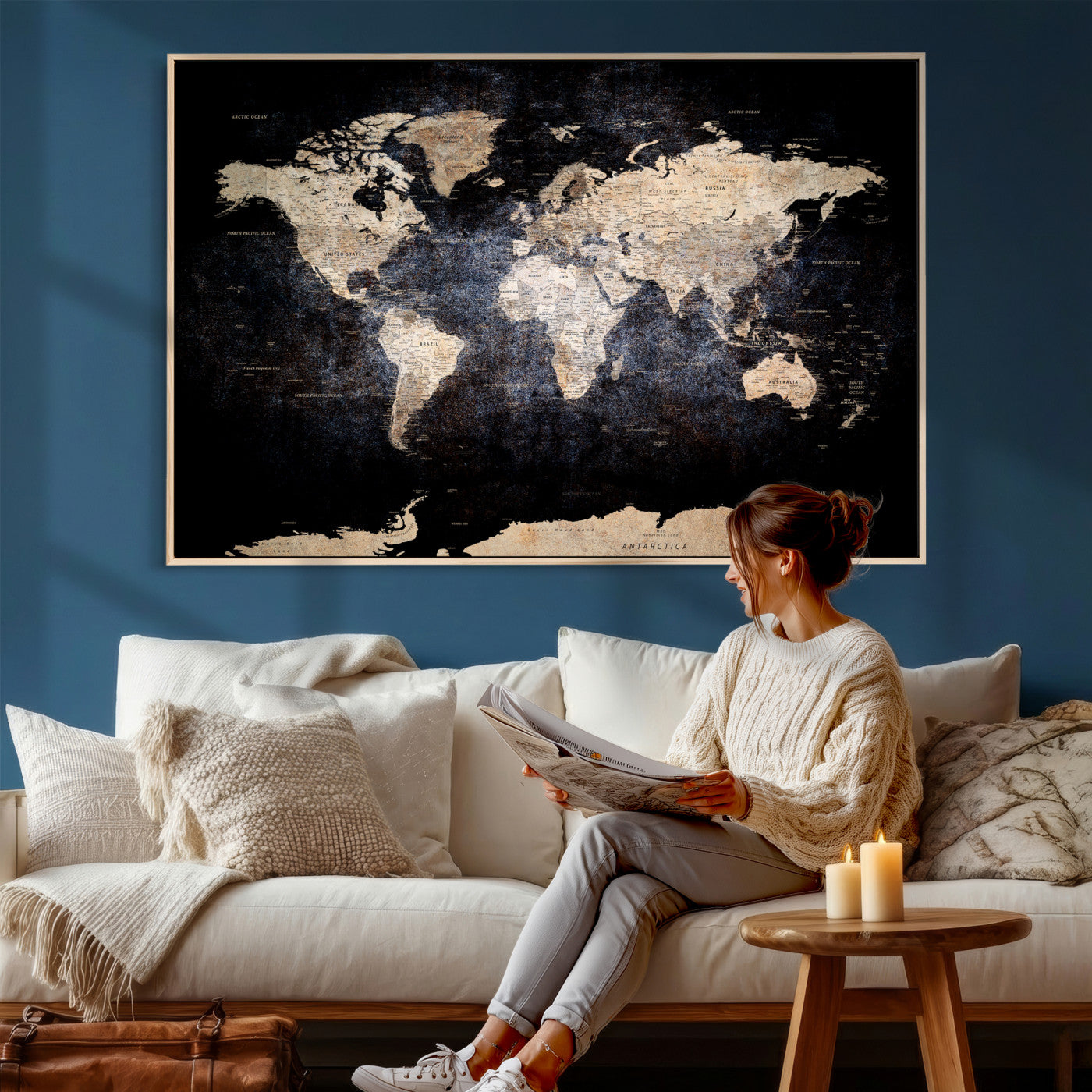56713386-MGV-CV-36X24 - World Map Wall Art Canvas Print, Modern Decorative Framed Map Artwork Prints for Living Room, Office, Bedroom Wall Decor