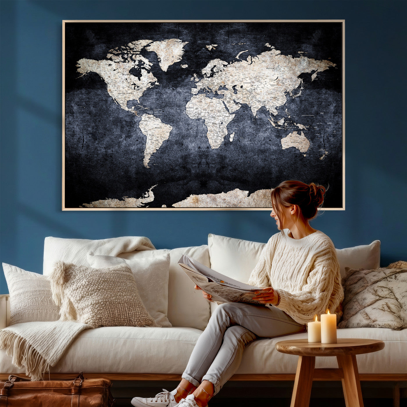 41193404-MGV-CV-36X24 - World Map Wall Art Canvas Print, Modern Decorative Framed Map Artwork Prints for Living Room, Office, Bedroom Wall Decor