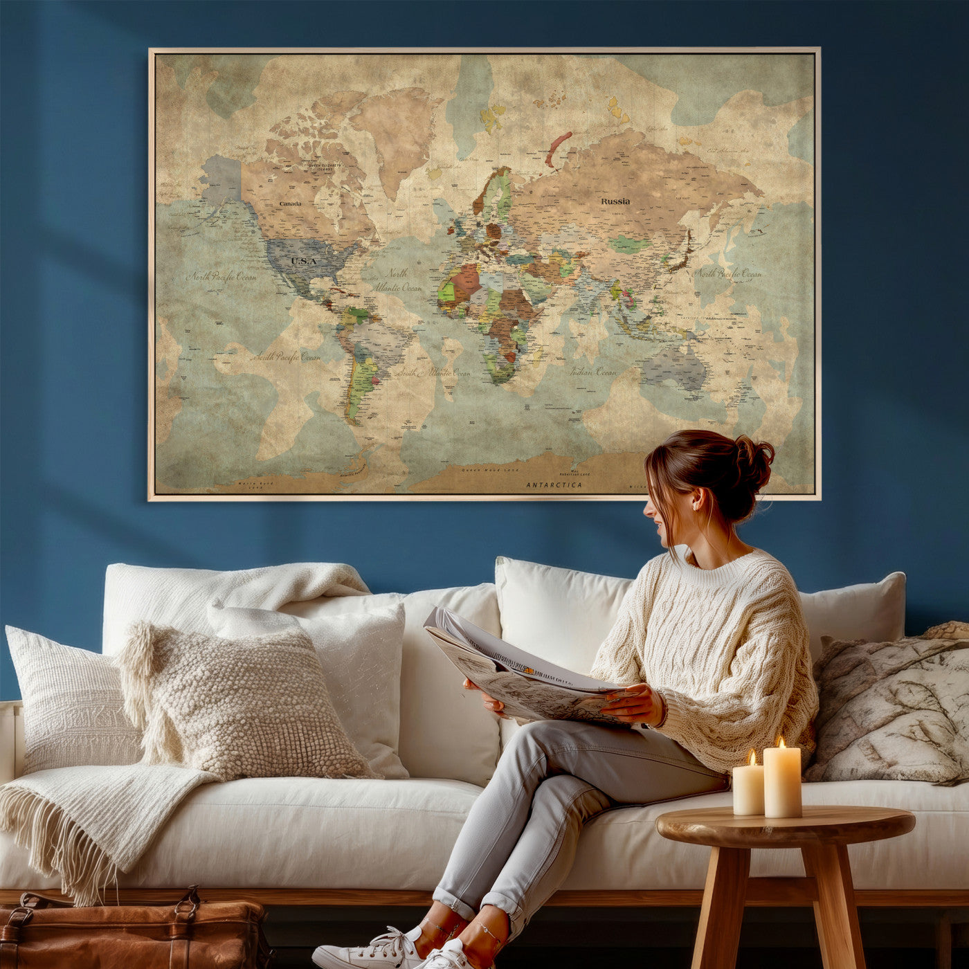 31492148-MGV-CV-36X24 - World Map Wall Art Canvas Print, Modern Decorative Framed Map Artwork Prints for Living Room, Office, Bedroom Wall Decor