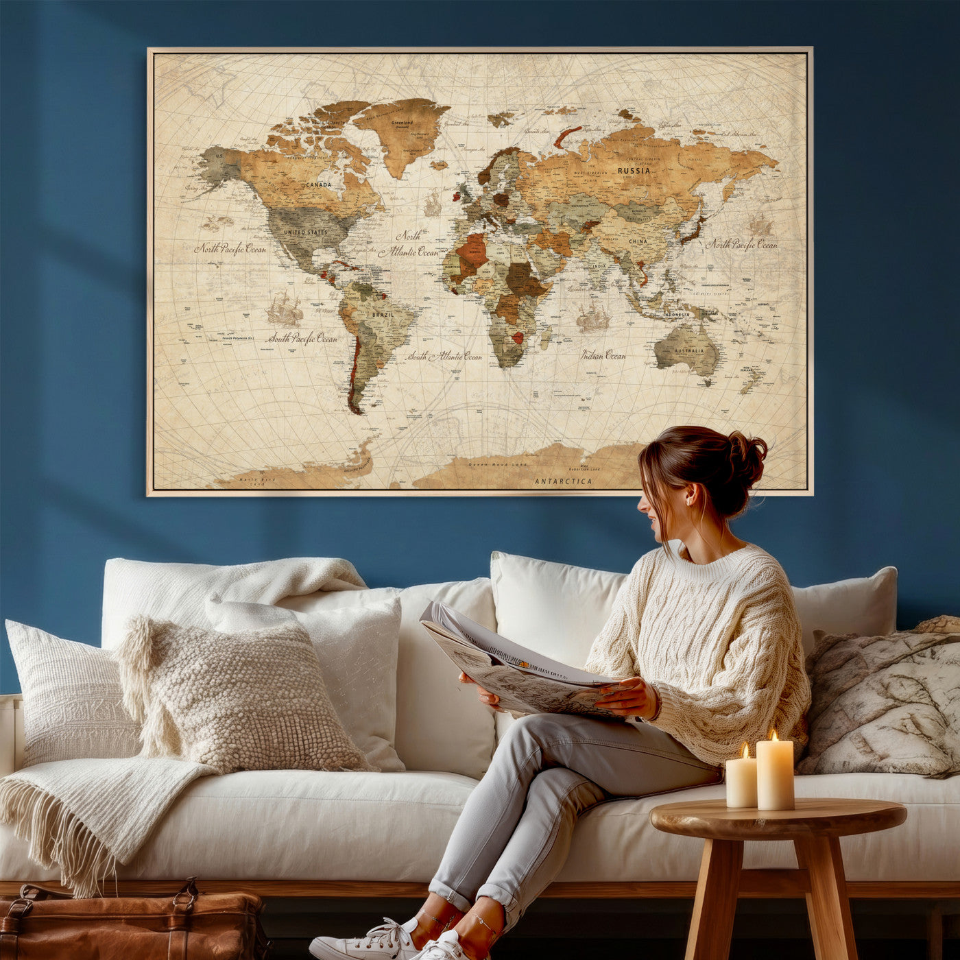 29684537-MGV-CV-36X24 - World Map Wall Art Canvas Print, Modern Decorative Framed Map Artwork Prints for Living Room, Office, Bedroom Wall Decor