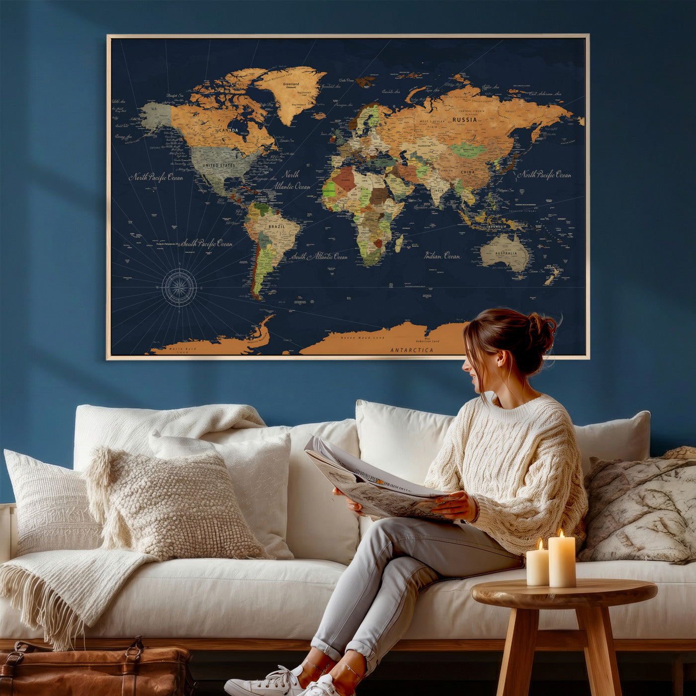 11715182-MGV-CV-36X24 - World Map Wall Art Canvas Print, Modern Decorative Framed Map Artwork Prints for Living Room, Office, Bedroom Wall Decor