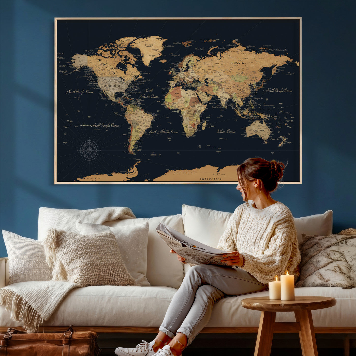 87280374-MGV-CV-36X24 - World Map Wall Art Canvas Print, Modern Decorative Framed Map Artwork Prints for Living Room, Office, Bedroom Wall Decor