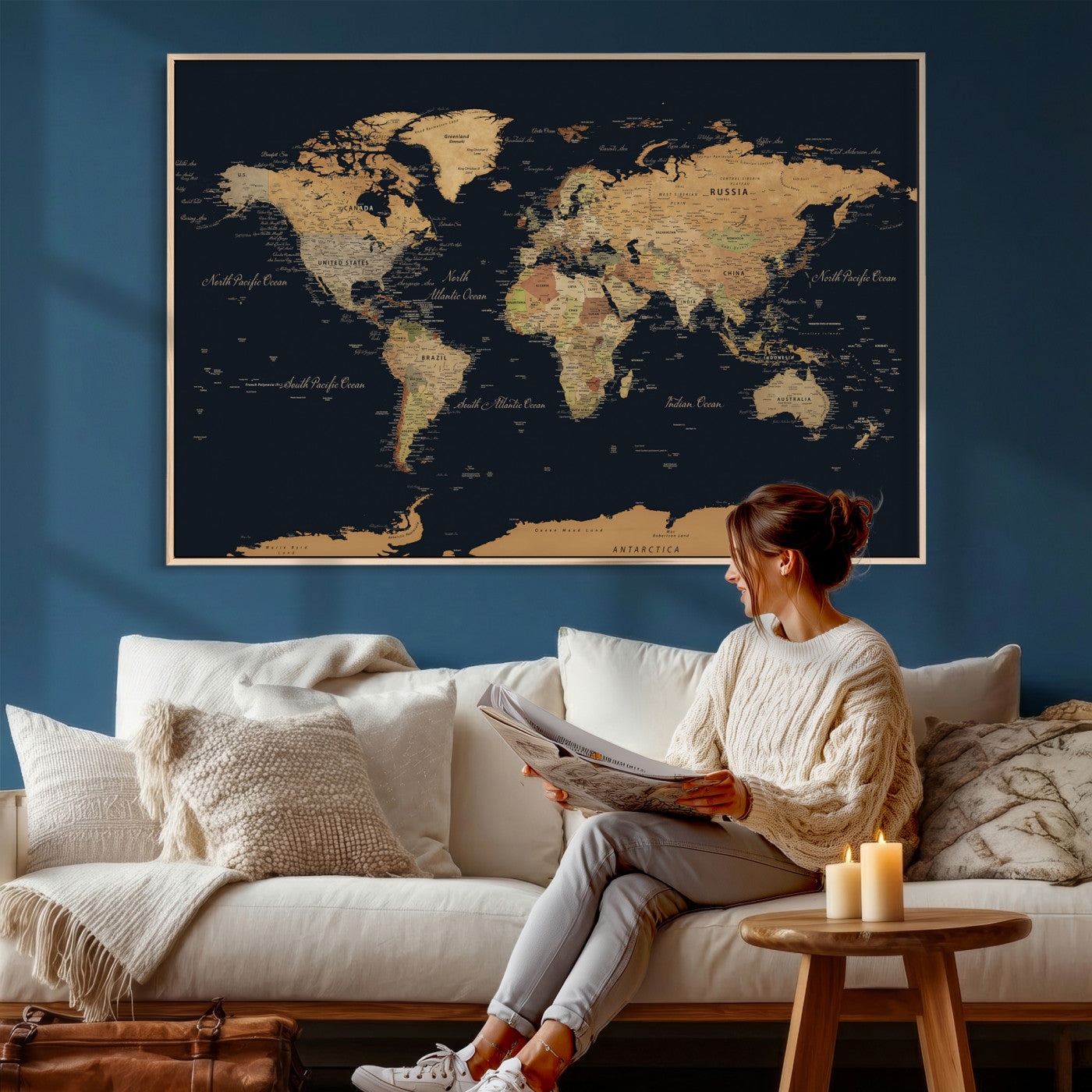 36916368-MGV-CV-36X24 - World Map Wall Art Canvas Print, Modern Decorative Framed Map Artwork Prints for Living Room, Office, Bedroom Wall Decor