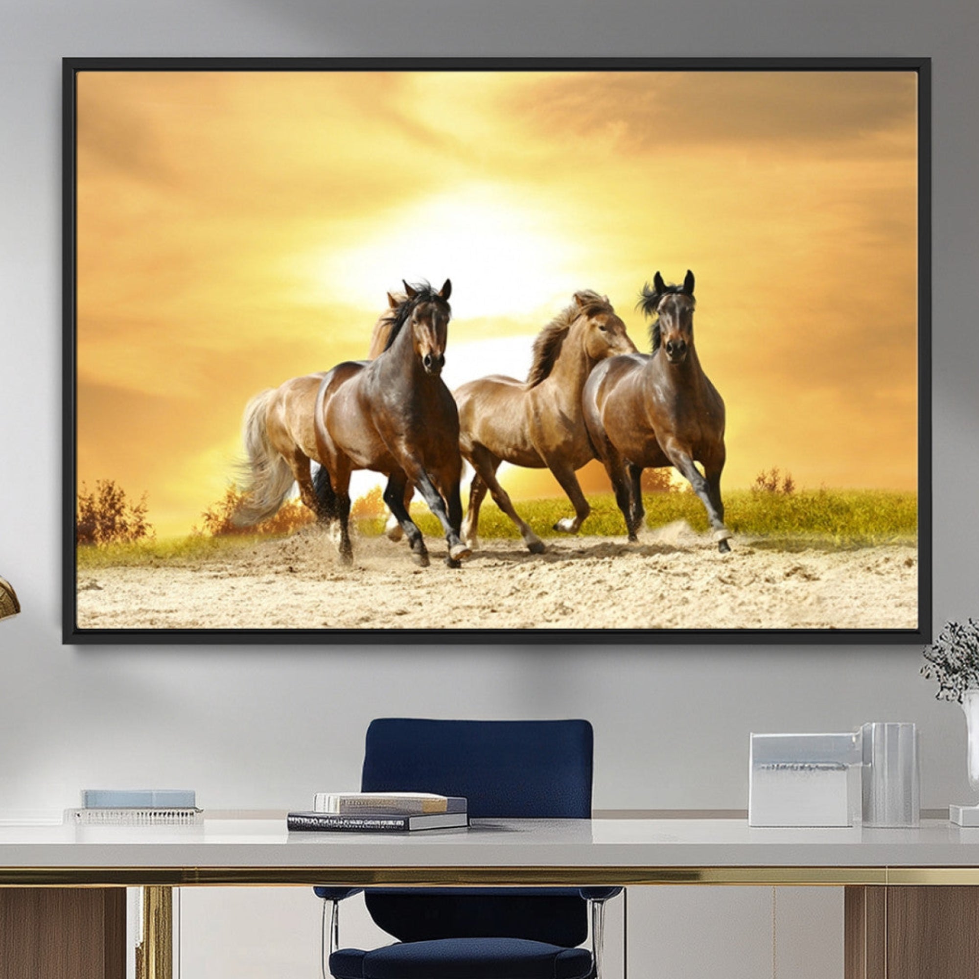 44763-MGV-CV-36X24-Wild Horses Wall Art Canvas Print – Framed Galloping Herd Animal Artwork for Home, Office, Living Room, Guest Room