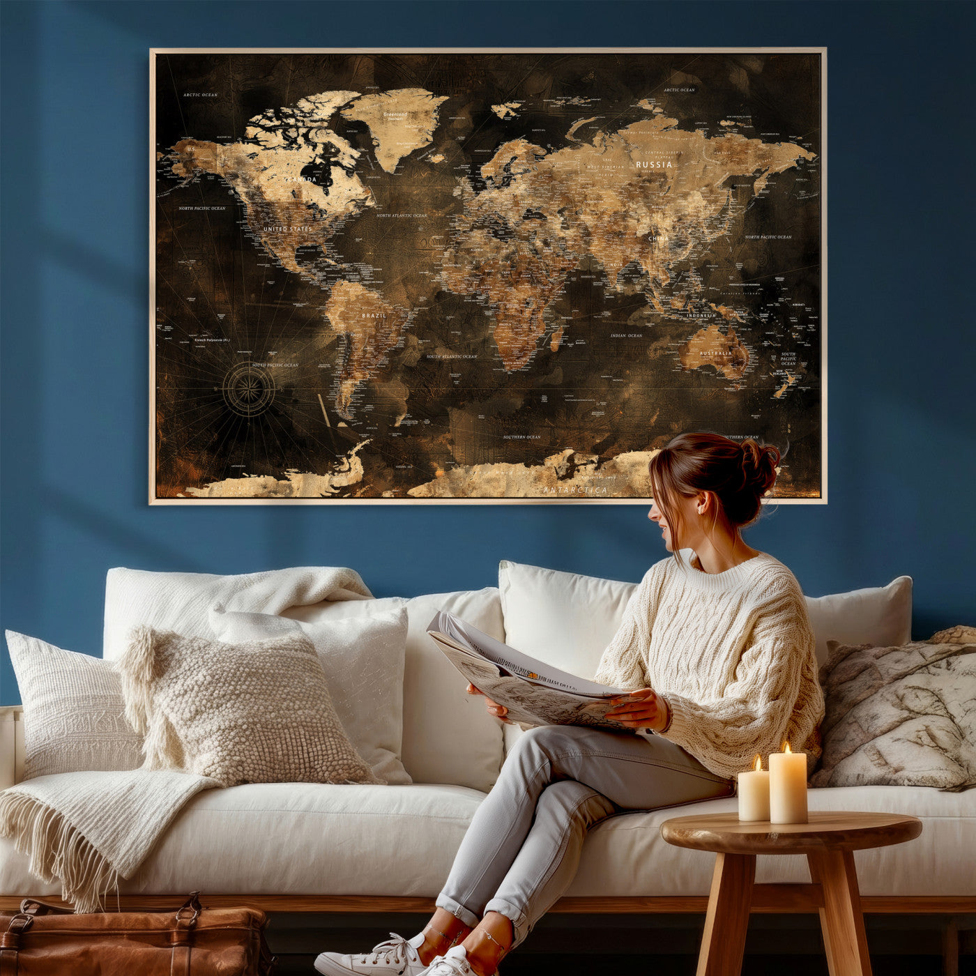 97742922-MGV-CV-36X24 - World Map Wall Art Canvas Print, Modern Decorative Framed Map Artwork Prints for Living Room, Office, Bedroom Wall Decor