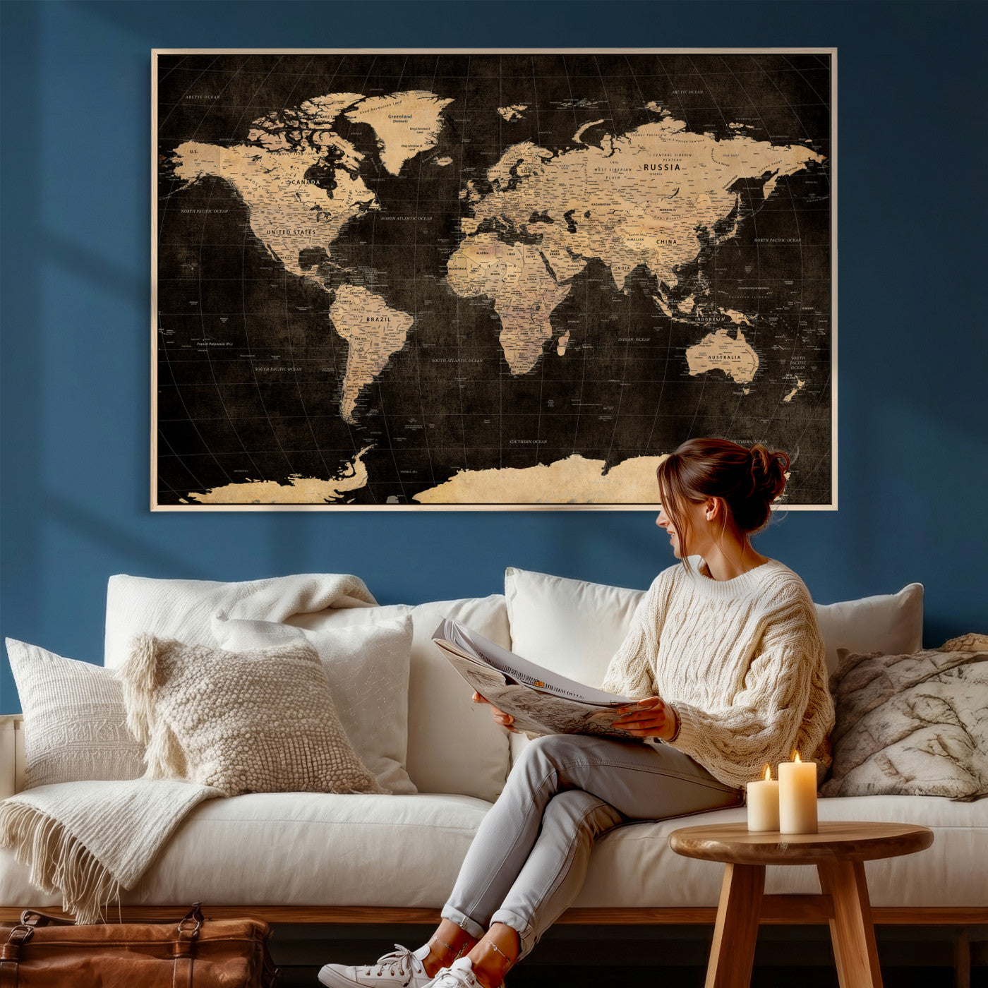17790470-MGV-CV-36X24 - World Map Wall Art Canvas Print, Modern Decorative Framed Map Artwork Prints for Living Room, Office, Bedroom Wall Decor