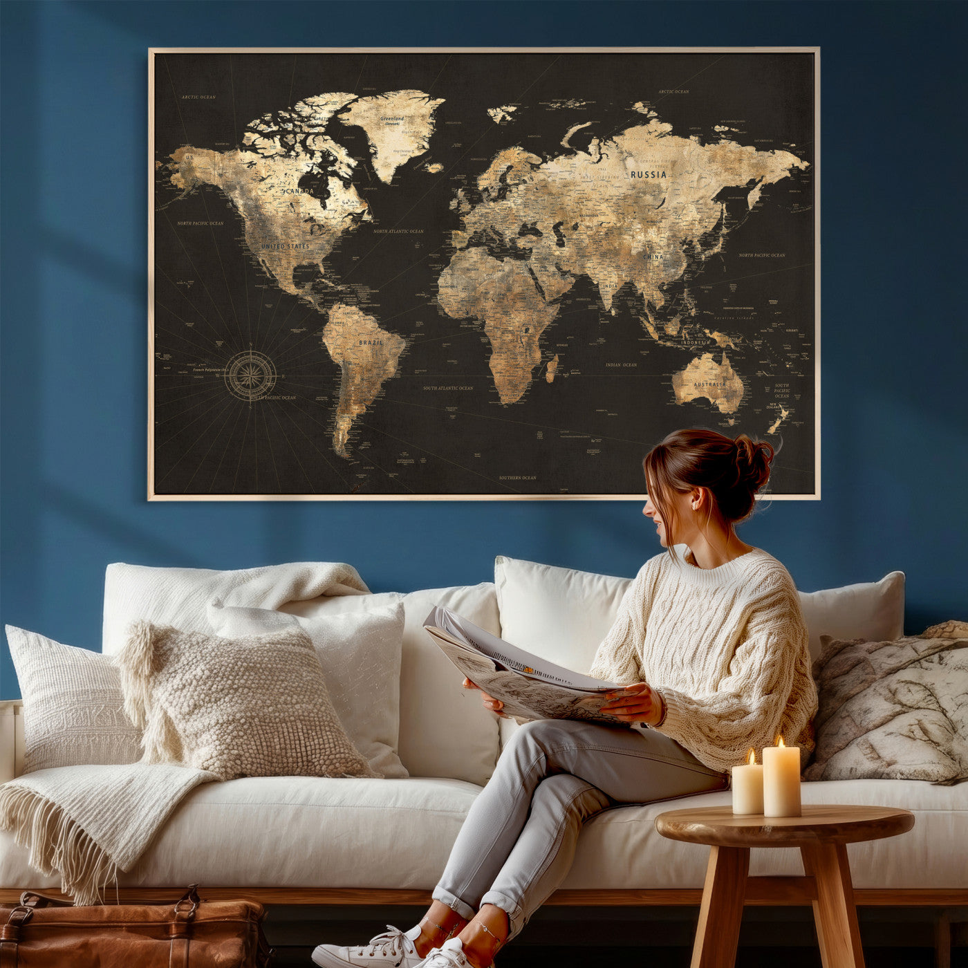 70985630-MGV-CV-36X24 - World Map Wall Art Canvas Print, Modern Decorative Framed Map Artwork Prints for Living Room, Office, Bedroom Wall Decor