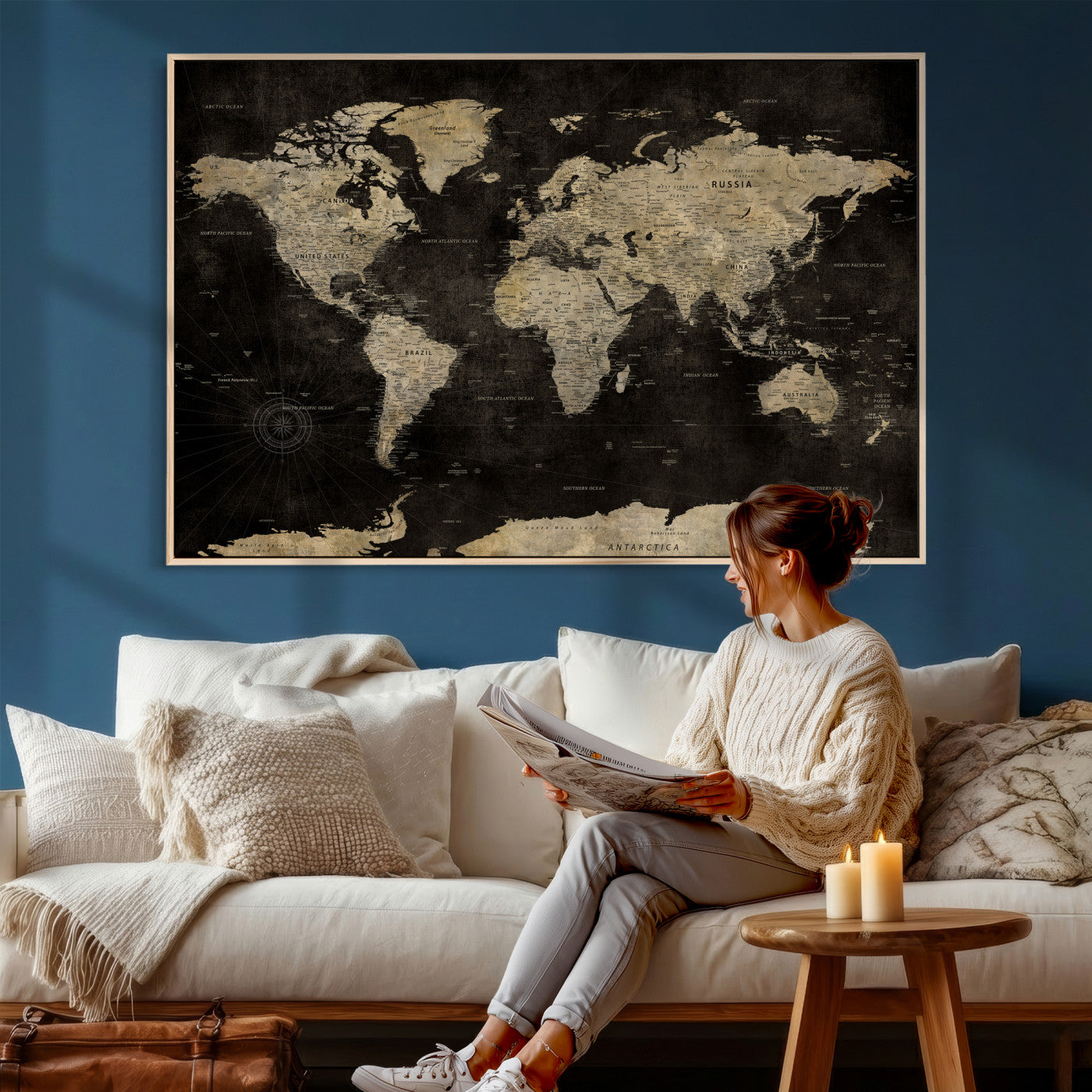 60653880-MGV-CV-36X24 - World Map Wall Art Canvas Print, Modern Decorative Framed Map Artwork Prints for Living Room, Office, Bedroom Wall Decor