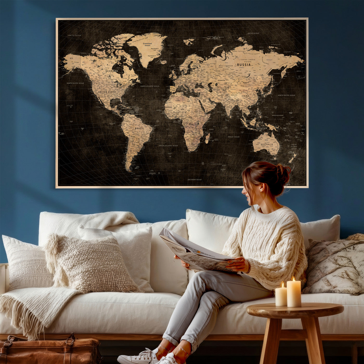 15118265-MGV-CV-36X24 - World Map Wall Art Canvas Print, Modern Decorative Framed Map Artwork Prints for Living Room, Office, Bedroom Wall Decor