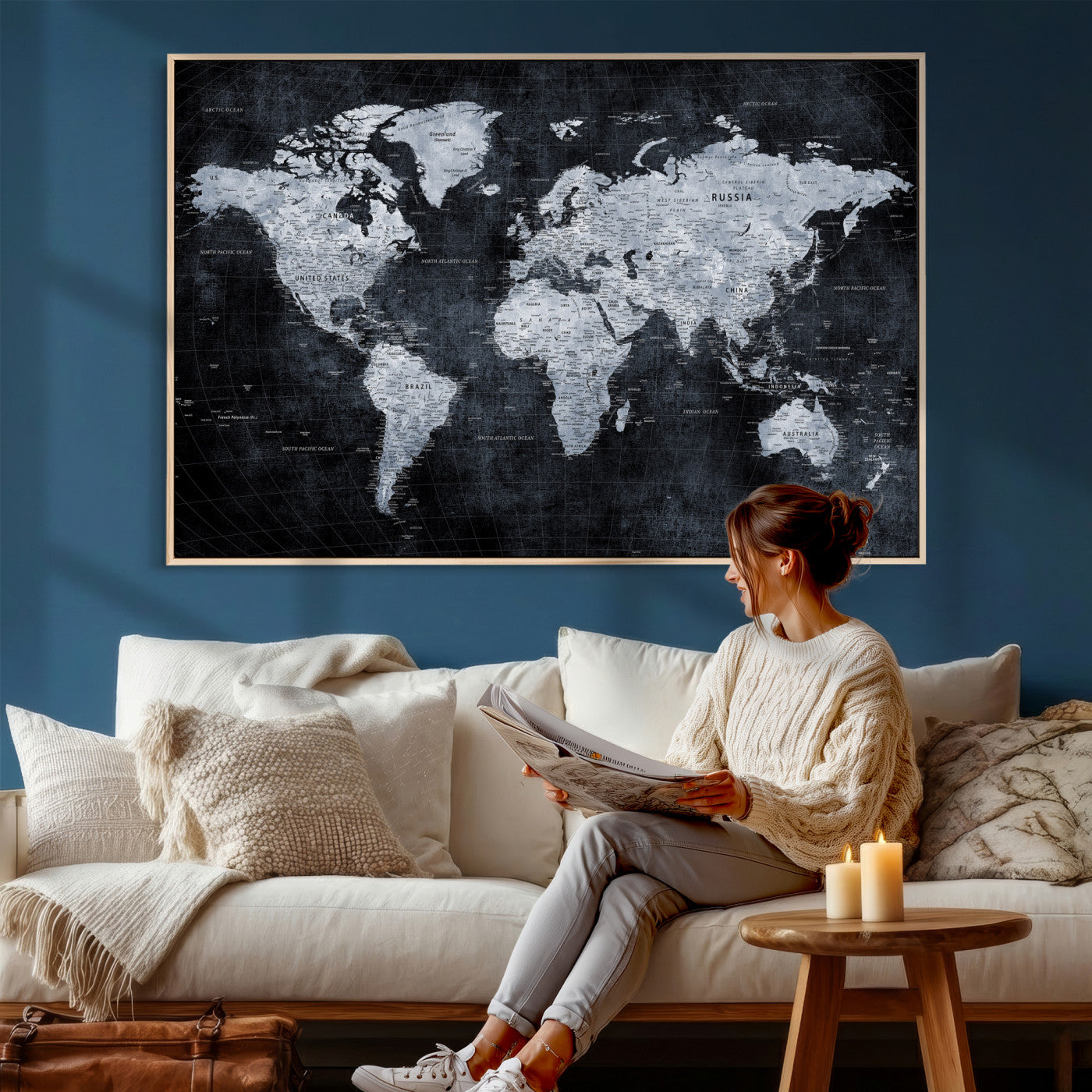 86893704-MGV-CV-36X24 - World Map Wall Art Canvas Print, Modern Decorative Framed Map Artwork Prints for Living Room, Office, Bedroom Wall Decor