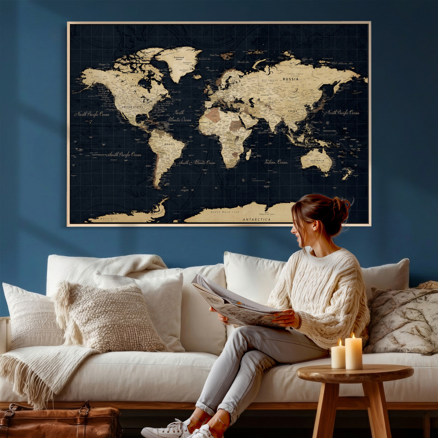 45063434-MGV-CV-36X24 - World Map Wall Art Canvas Print, Modern Decorative Framed Map Artwork Prints for Living Room, Office, Bedroom Wall Decor