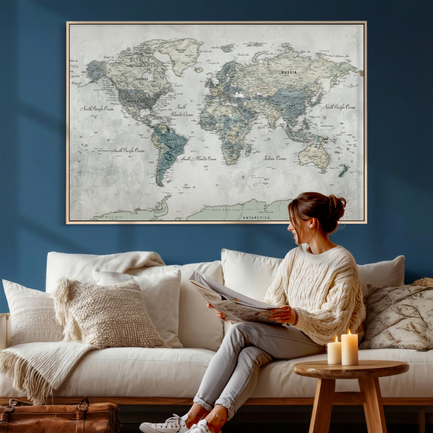 91132939-MGV-CV-36X24 - World Map Wall Art Canvas Print, Modern Decorative Framed Map Artwork Prints for Living Room, Office, Bedroom Wall Decor