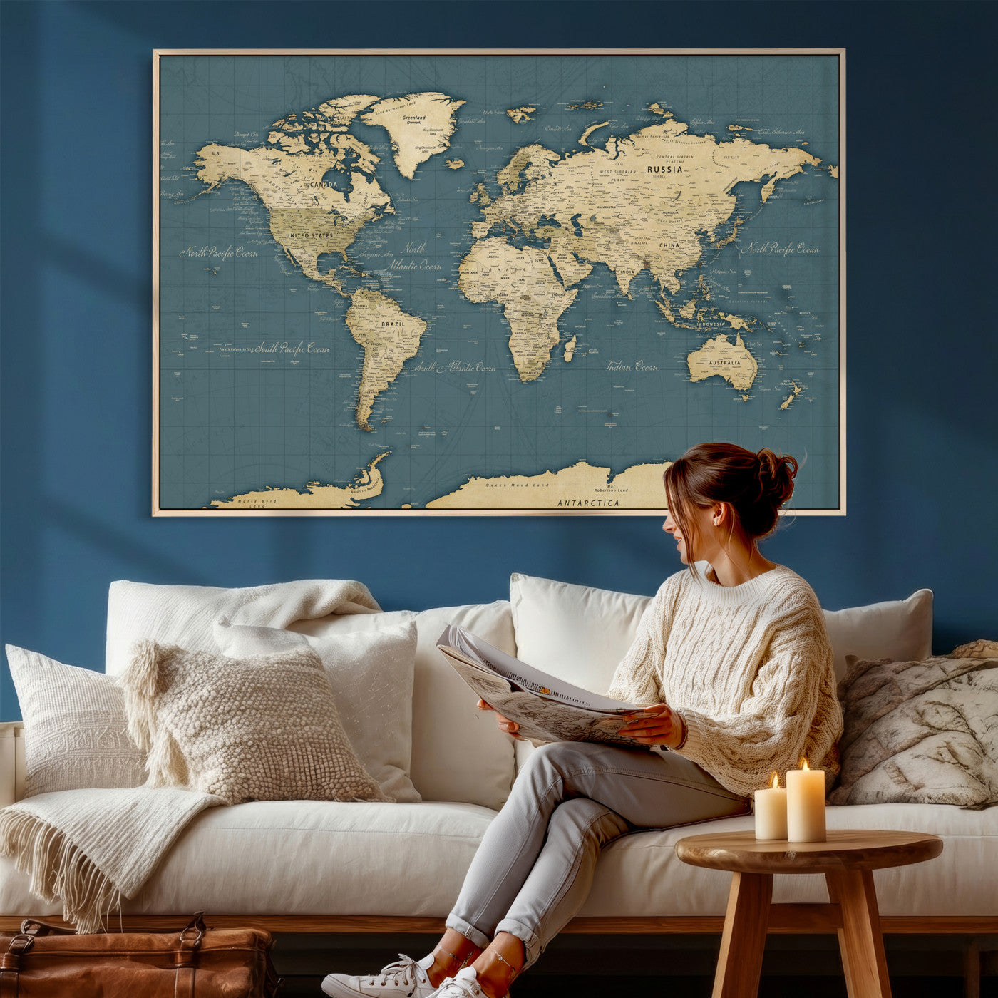99599383-MGV-CV-36X24 - World Map Wall Art Canvas Print, Modern Decorative Framed Map Artwork Prints for Living Room, Office, Bedroom Wall Decor