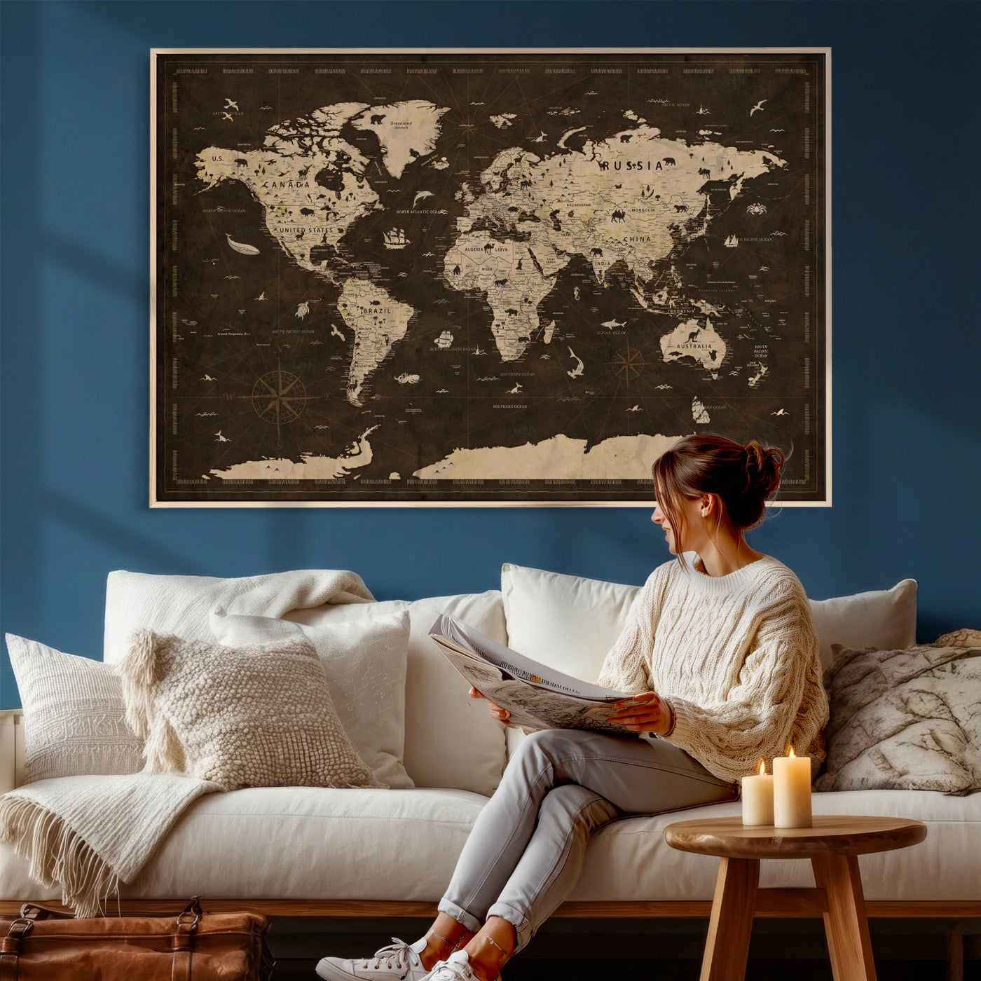 44276398-MGV-CV-36X24 - World Map Wall Art Canvas Print, Modern Decorative Framed Map Artwork Prints for Living Room, Office, Bedroom Wall Decor