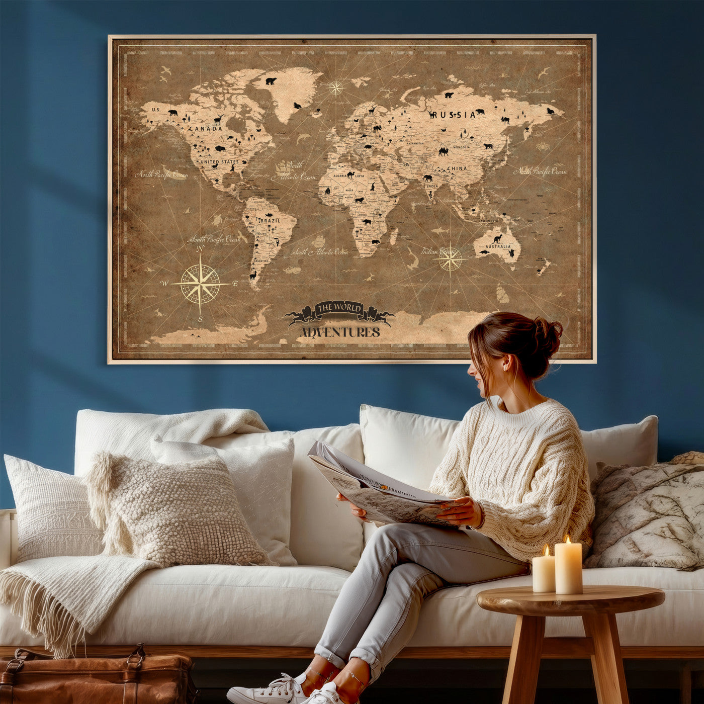 20759686-MGV-CV-36X24 - World Map Wall Art Canvas Print, Modern Decorative Framed Map Artwork Prints for Living Room, Office, Bedroom Wall Decor