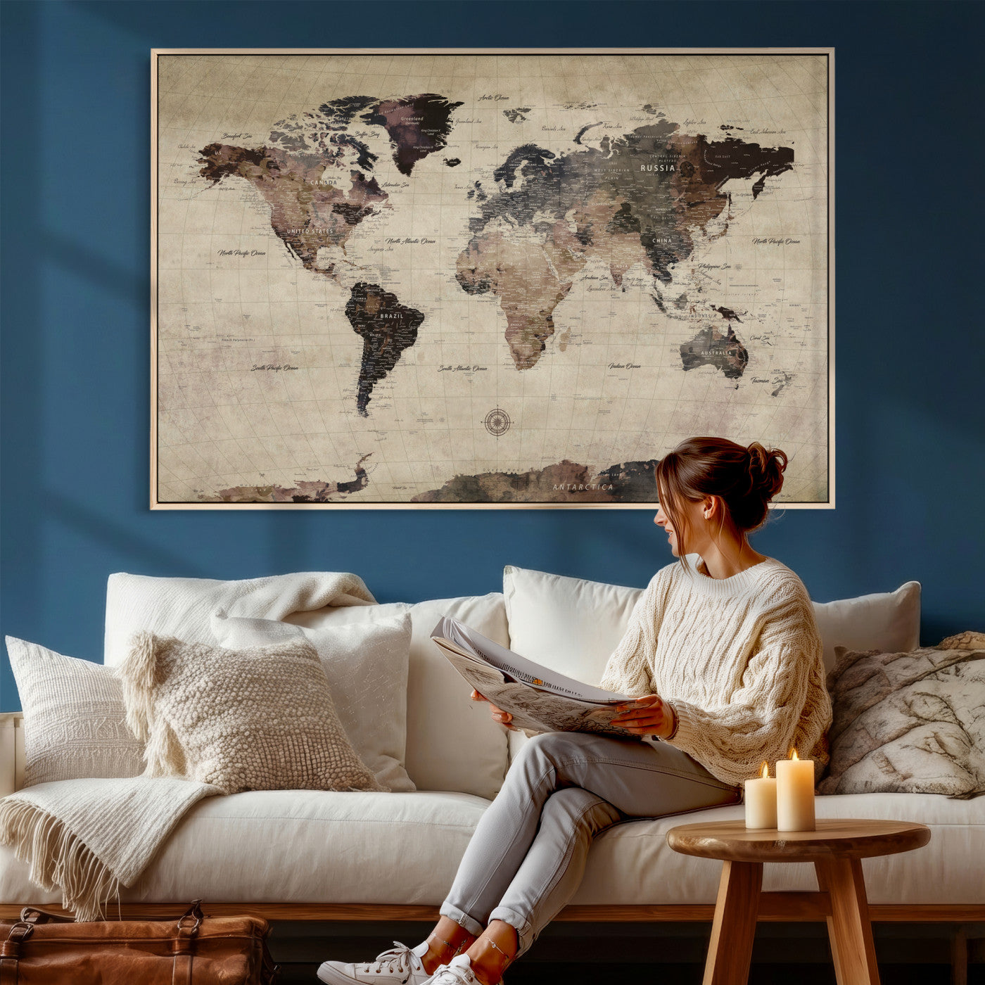 60560672-MGV-CV-36X24 - World Map Wall Art Canvas Print, Modern Decorative Framed Map Artwork Prints for Living Room, Office, Bedroom Wall Decor