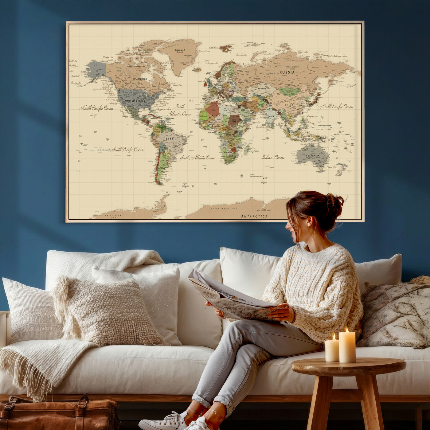 31407854-MGV-CV-36X24 - World Map Wall Art Canvas Print, Modern Decorative Framed Map Artwork Prints for Living Room, Office, Bedroom Wall Decor
