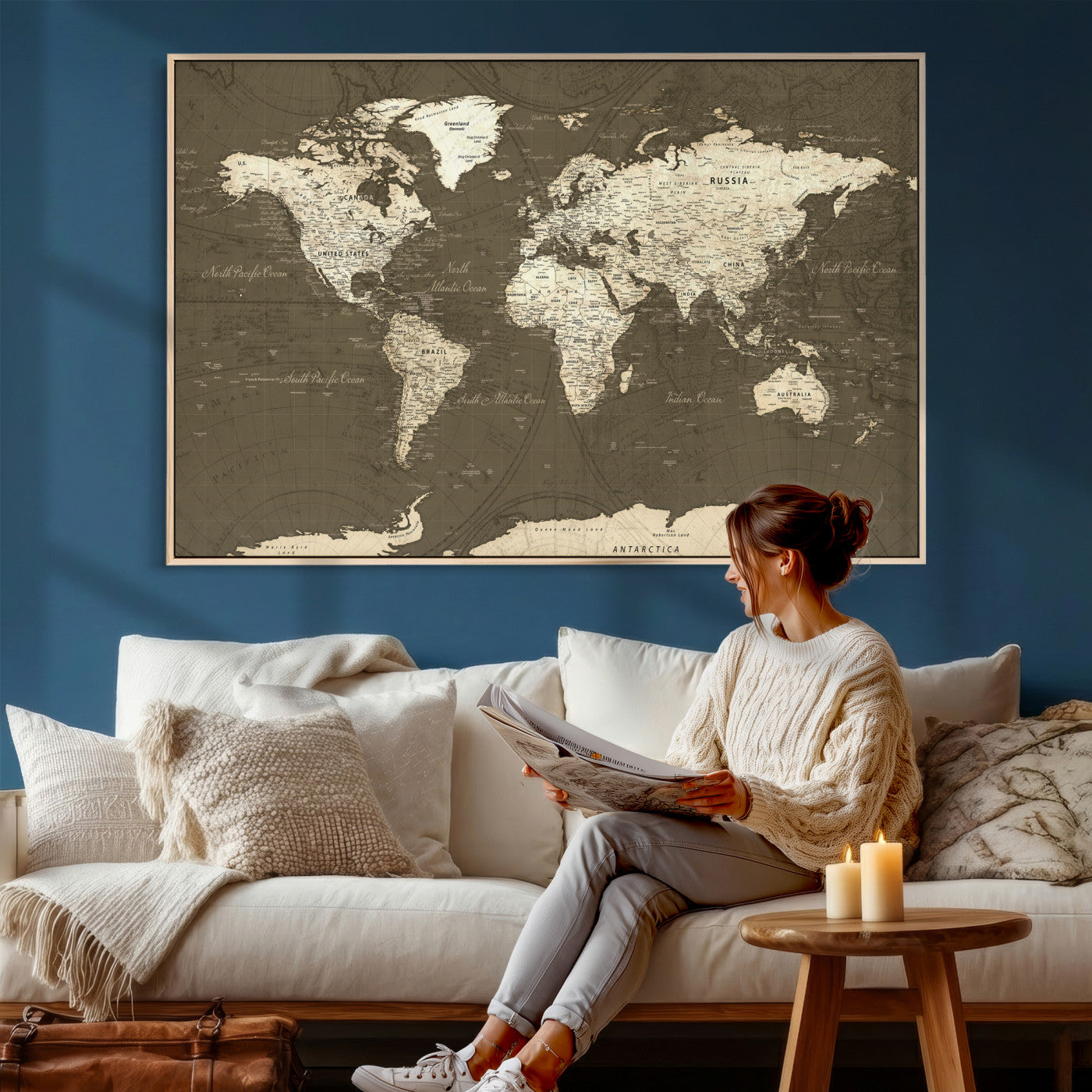 33202610-MGV-CV-36X24 - World Map Wall Art Canvas Print, Modern Decorative Framed Map Artwork Prints for Living Room, Office, Bedroom Wall Decor