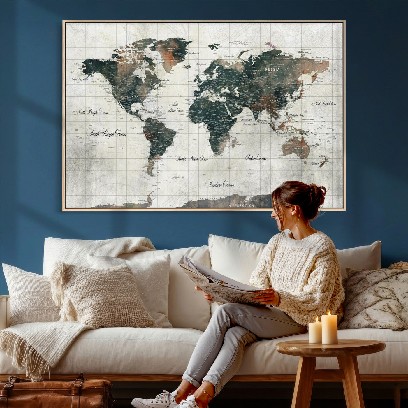 91179593-MGV-CV-36X24 - World Map Wall Art Canvas Print, Modern Decorative Framed Map Artwork Prints for Living Room, Office, Bedroom Wall Decor