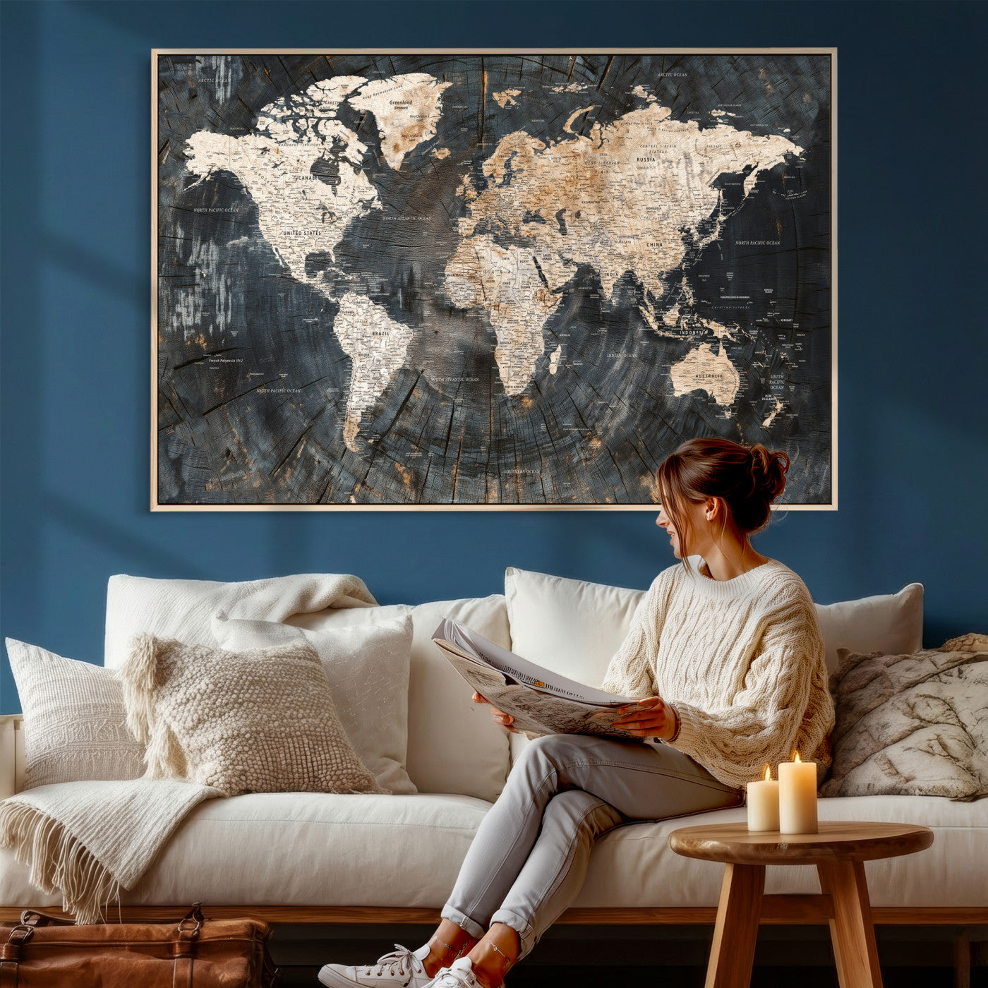 89162112-MGV-CV-36X24 - World Map Wall Art Canvas Print, Modern Decorative Framed Map Artwork Prints for Living Room, Office, Bedroom Wall Decor