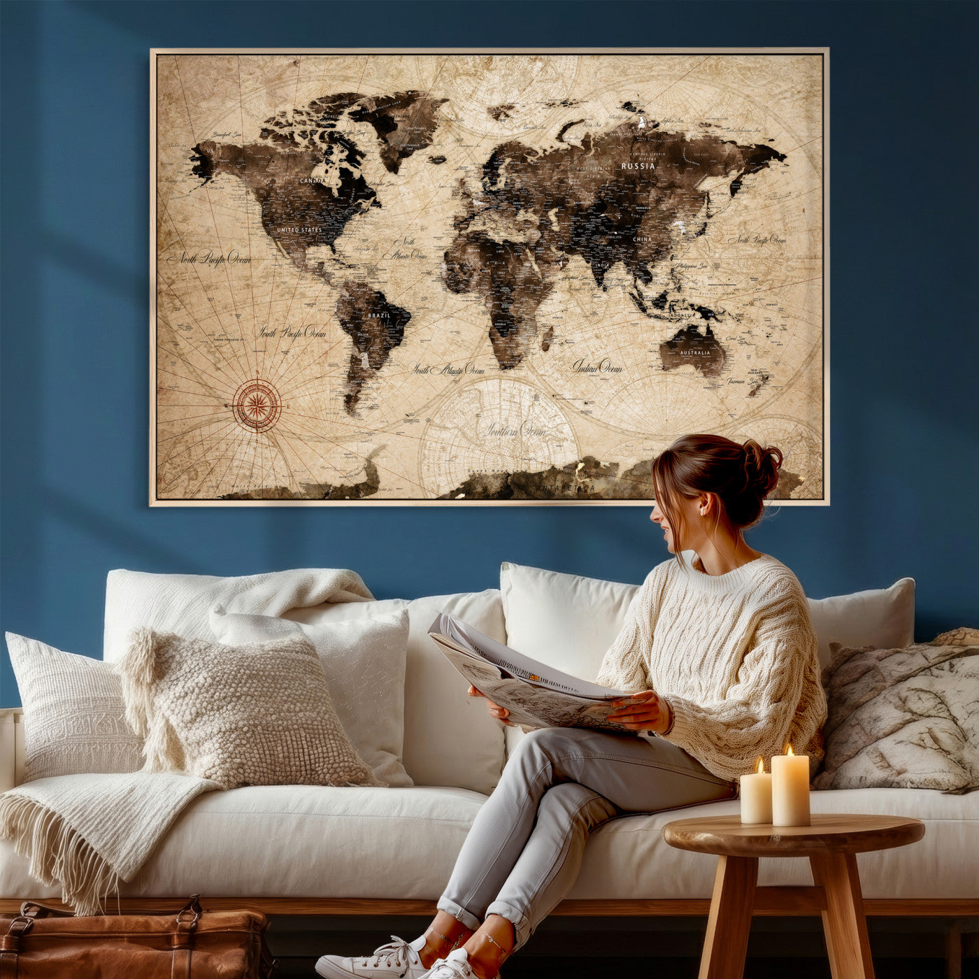 47657418-MGV-CV-36X24 - World Map Wall Art Canvas Print, Modern Decorative Framed Map Artwork Prints for Living Room, Office, Bedroom Wall Decor