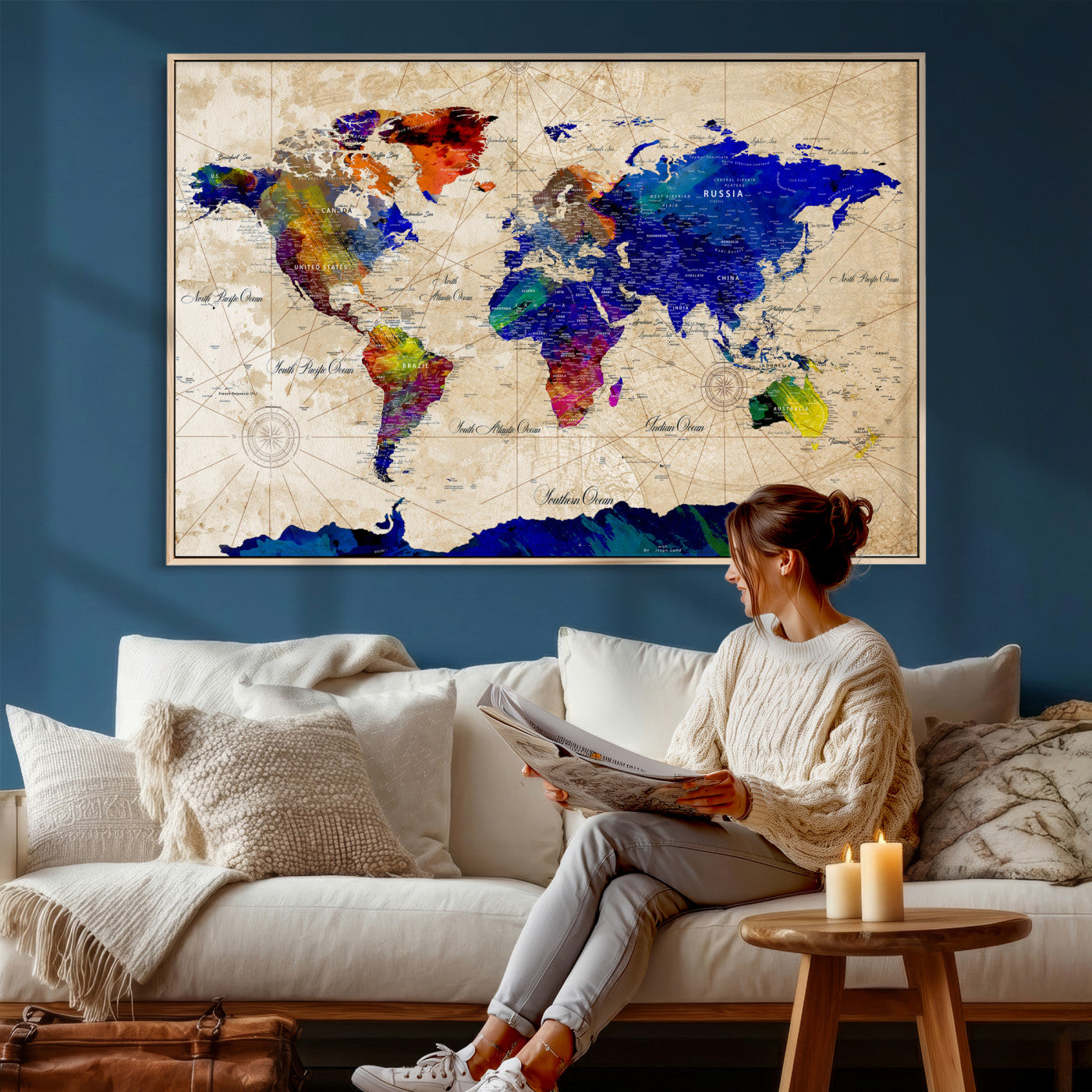 26284075-MGV-CV-36X24 - World Map Wall Art Canvas Print, Modern Decorative Framed Map Artwork Prints for Living Room, Office, Bedroom Wall Decor