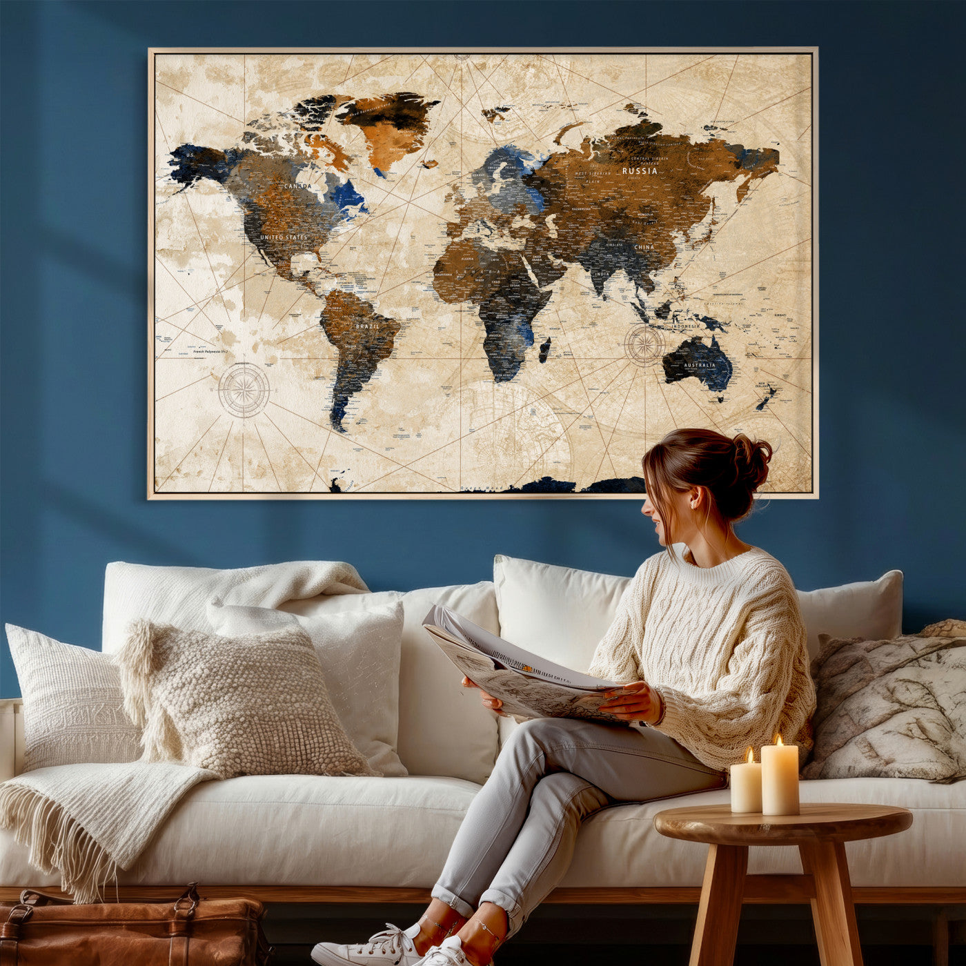 15727090-MGV-CV-36X24 - World Map Wall Art Canvas Print, Modern Decorative Framed Map Artwork Prints for Living Room, Office, Bedroom Wall Decor