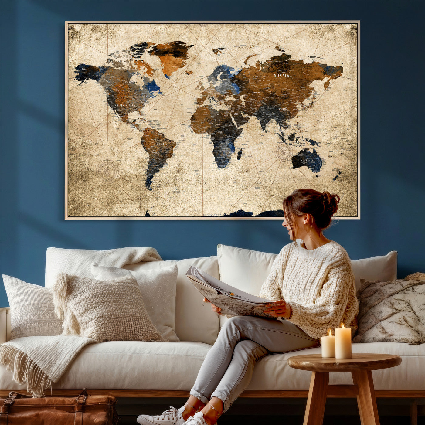 27163414-MGV-CV-36X24 - World Map Wall Art Canvas Print, Modern Decorative Framed Map Artwork Prints for Living Room, Office, Bedroom Wall Decor