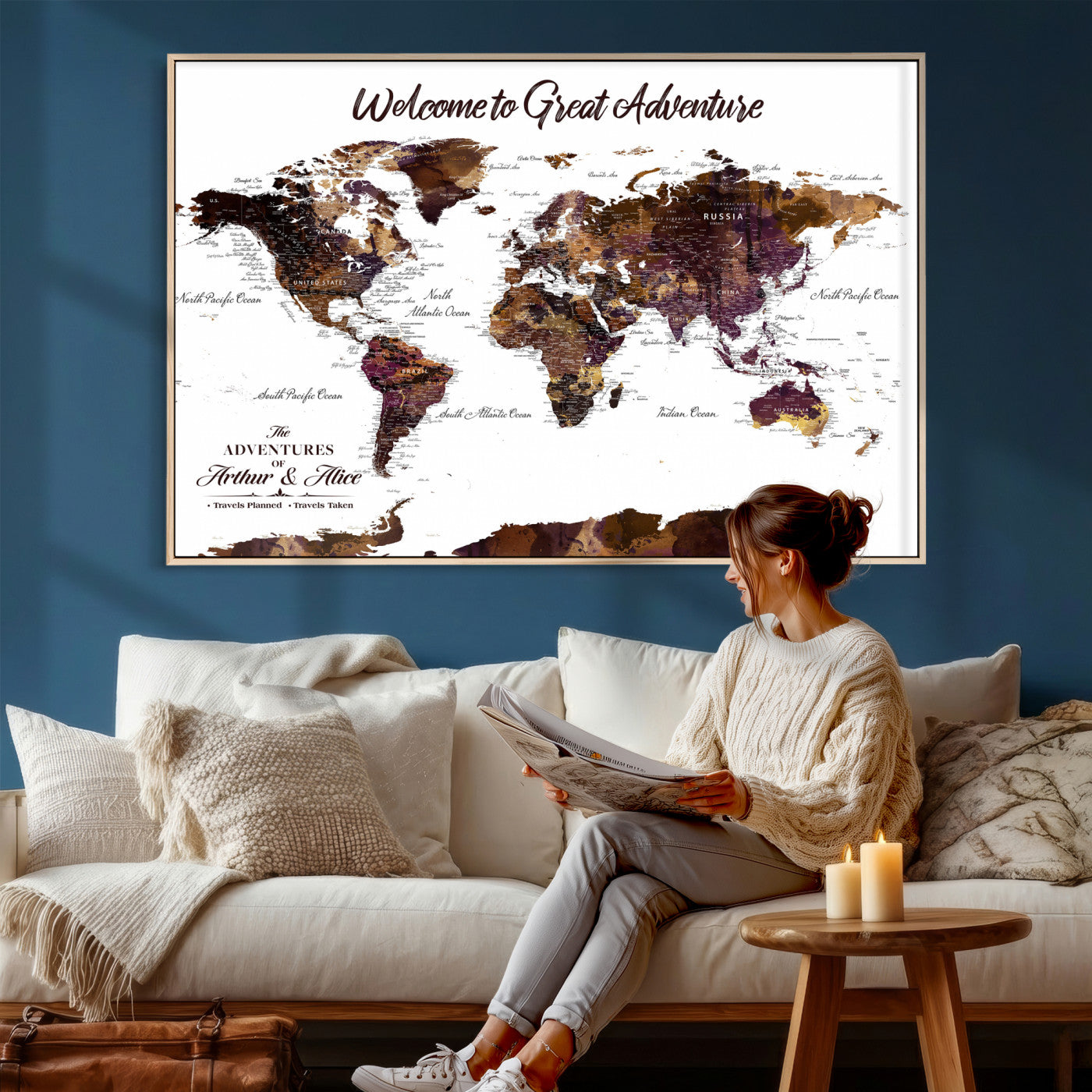 64110391125-MGV-CV-36X24 - Custom Push Pin World Map Wall Art Canvas Print – Personalized Travel Tracker with Pins Framed Large for Home and Office Decor