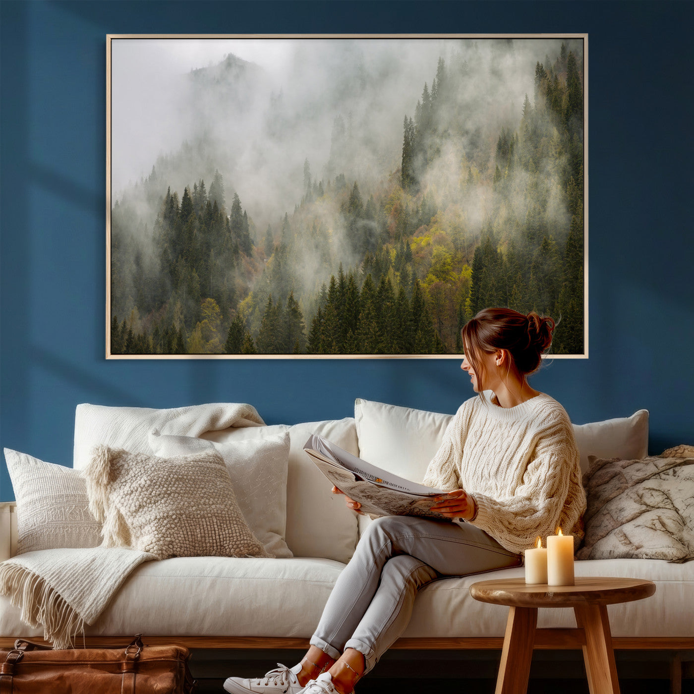 31152954-MGV-CV-36X24 - Misty Mountain Forest Canvas Print, Foggy Pine Trees Nature Wall Art, Framed Canvas Ready to Hang