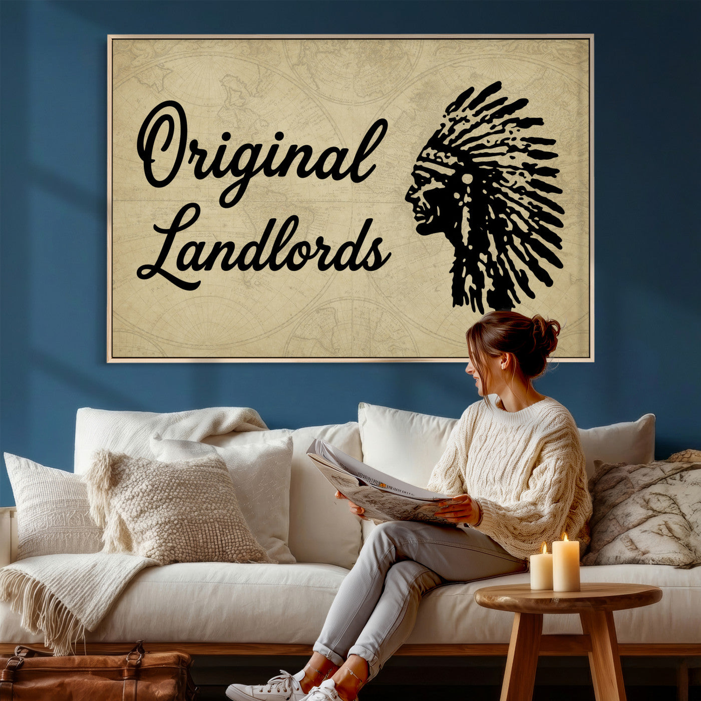 56844712-MGV-CV-36X24 - Original Landlords Wall Art Canvas Print, Native American Silhouette Artwork, Framed Wall Art Ready to Hang