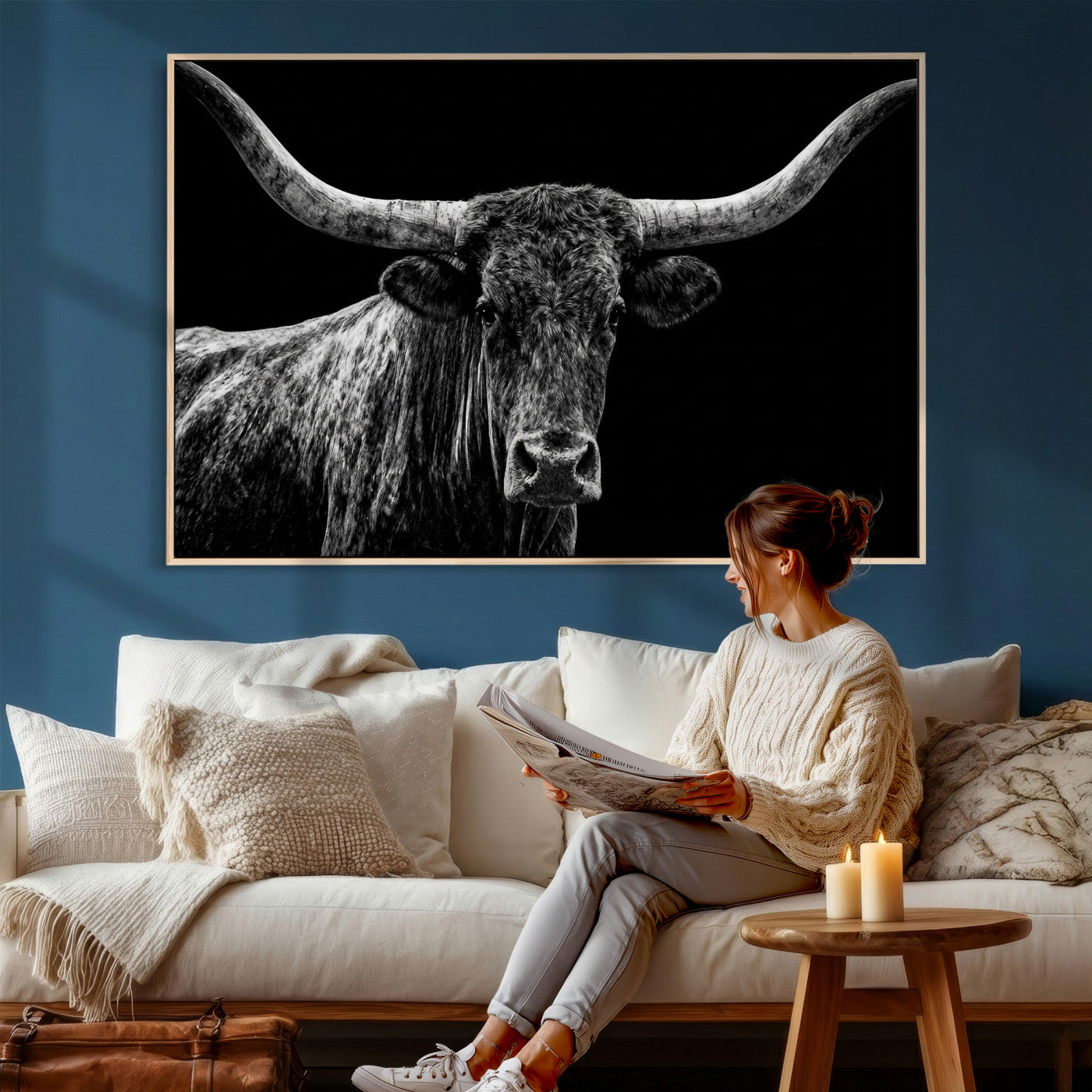86568508-MGV-CV-36X24 - Vintage Texas Longhorn Bull Wall Art Canvas Print, Texas Cow Portrait Print, Framed Bull Wall Art Ready to Hang