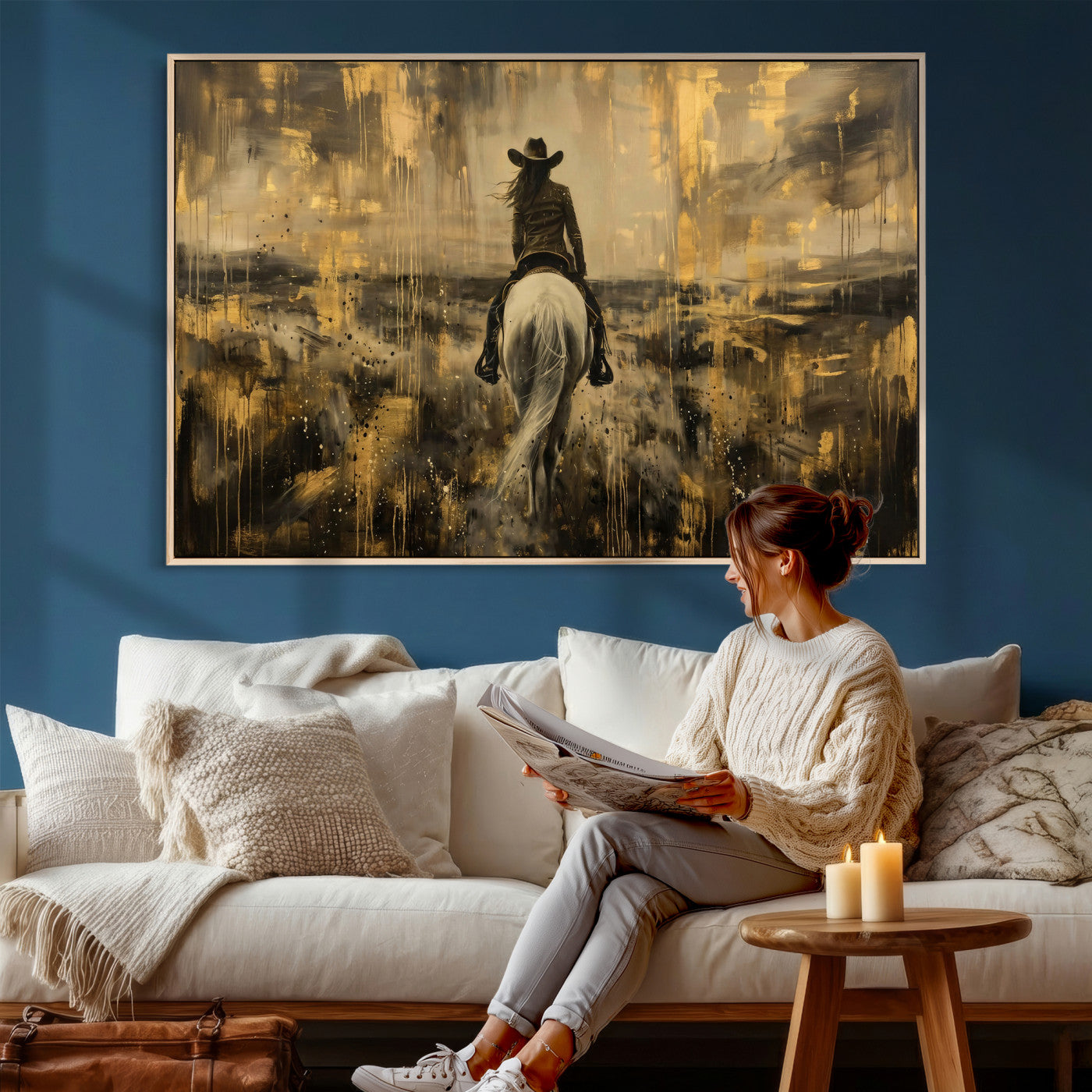 20465530-MGV-CV-36X24 - Cowgirl Wall Art Canvas Print, Western Horse Rider Wall Art, Framed Wall Art Ready to Hang