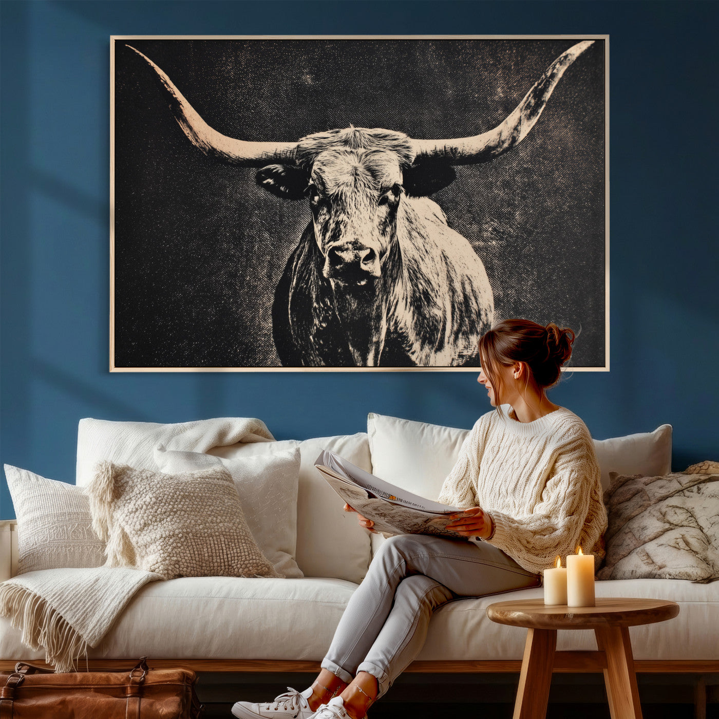 27394218-MGV-CV-36X24 - Vintage Texas Longhorn Bull Wall Art Canvas Print, Cow Portrait Photography Print, Framed Wall Art Ready to Hang