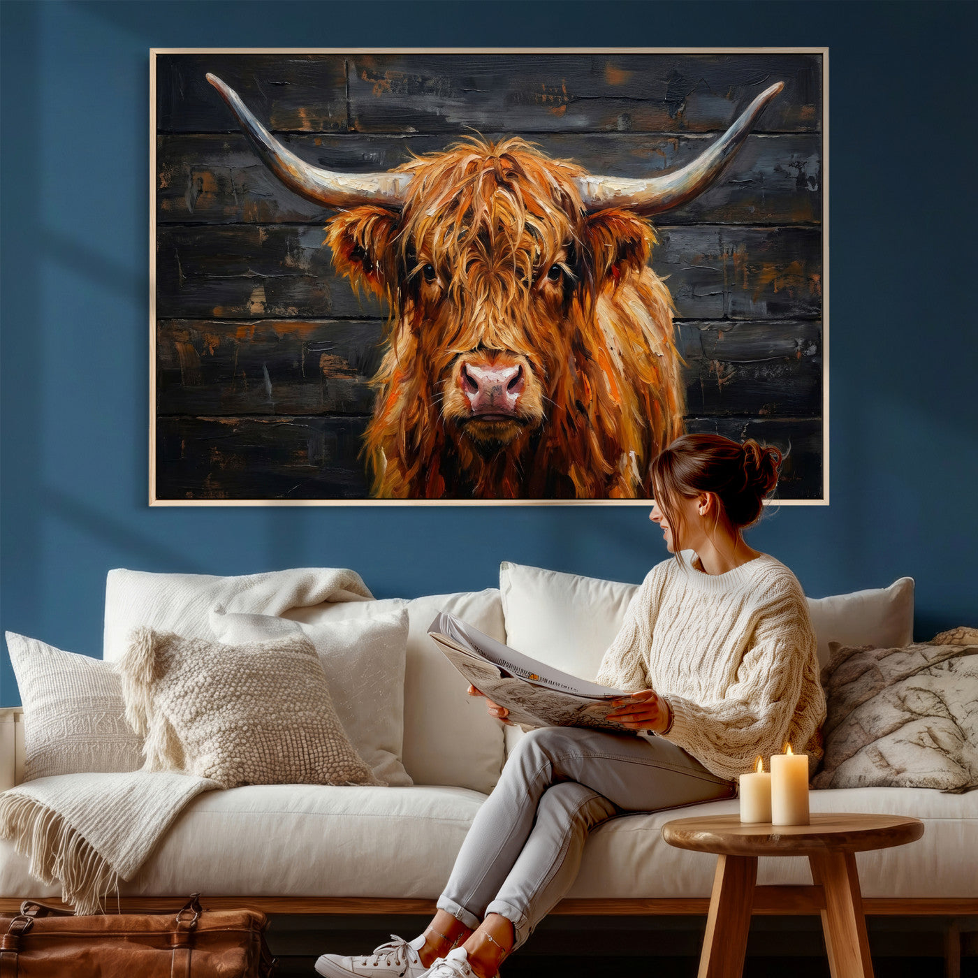 32536611-MGV-CV-36X24 - Highland Cow Wall Art Canvas Print, Rustic Farm Animal Painting, Framed Wall Art Ready to Hang