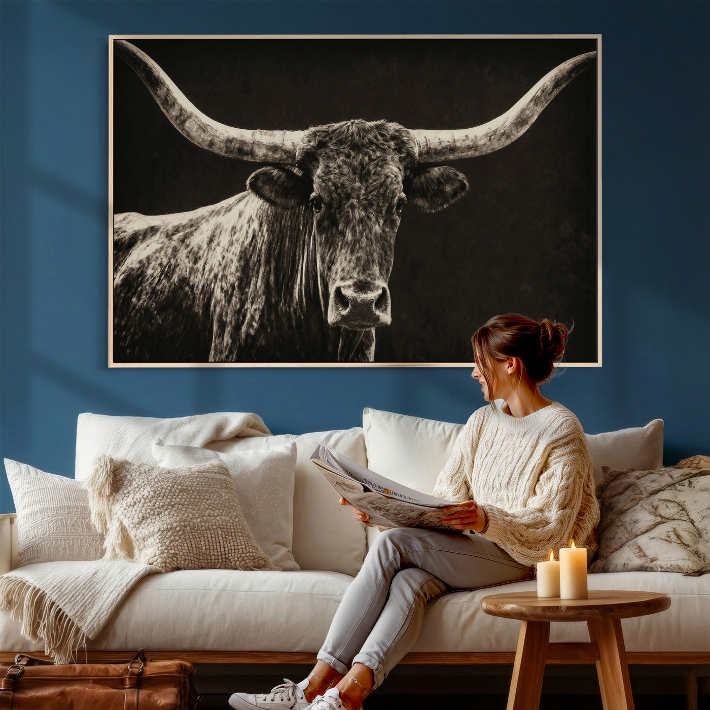 74513721-MGV-CV-36X24 - Vintage Texas Longhorn Bull Wall Art Canvas Print, Cow Portrait Photography Print, Framed Wall Art Ready to Hang