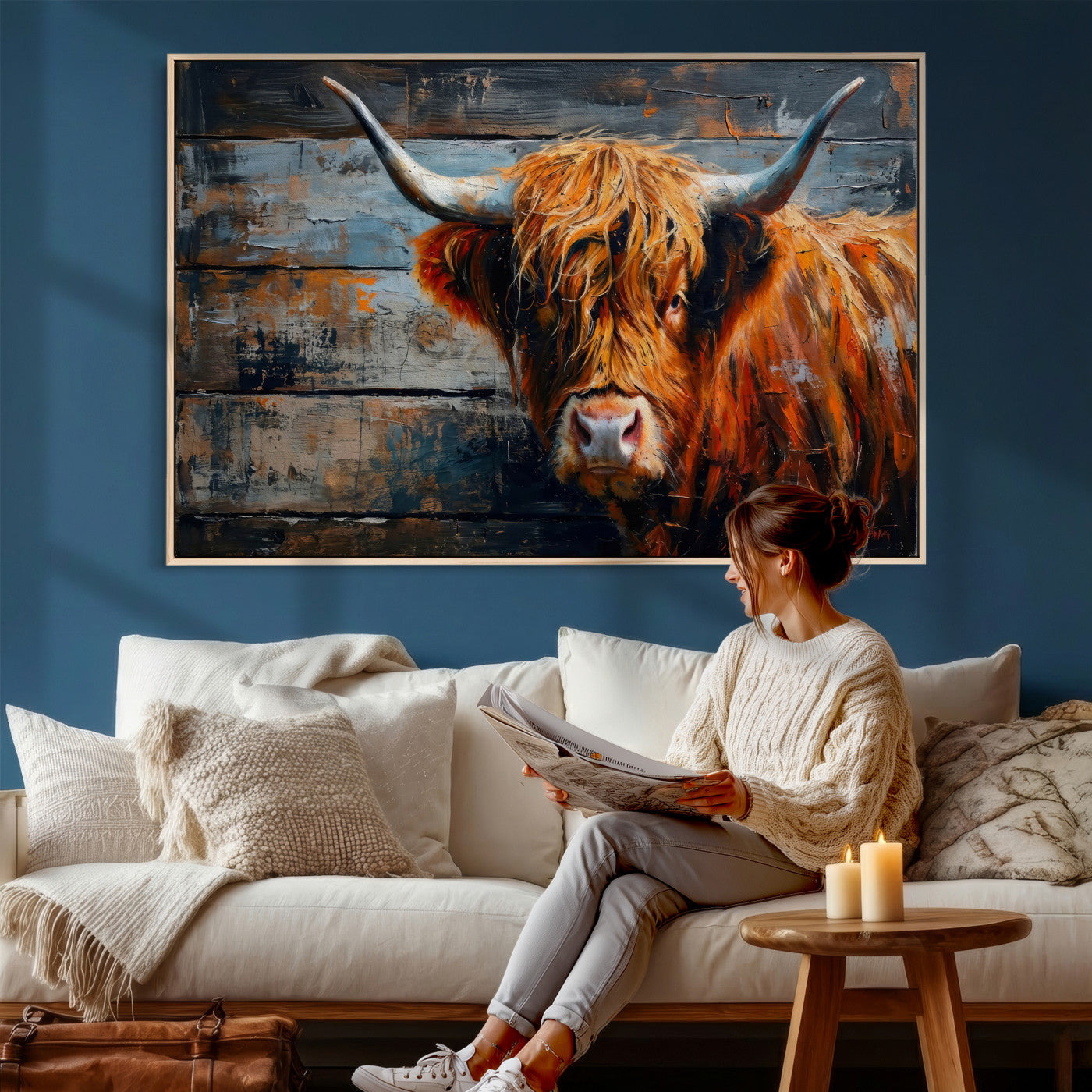 90271423-MGV-CV-36X24 - Highland Cow Wall Art Canvas Print, Abstract Rustic Farm Animal Wall Art Print, Framed Wall Art Ready to Hang