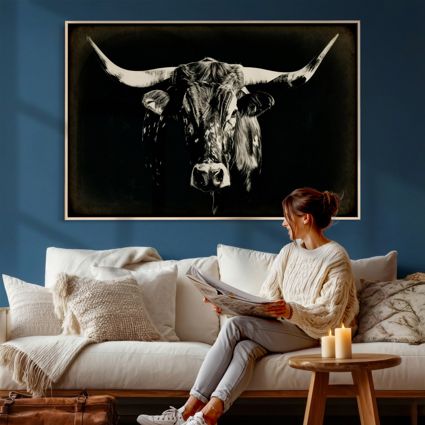 91364114-MGV-CV-36X24 - Black Bull Wall Art Canvas Print, Texas Longhorn Portrait Print, Framed Wall Art Ready to Hang
