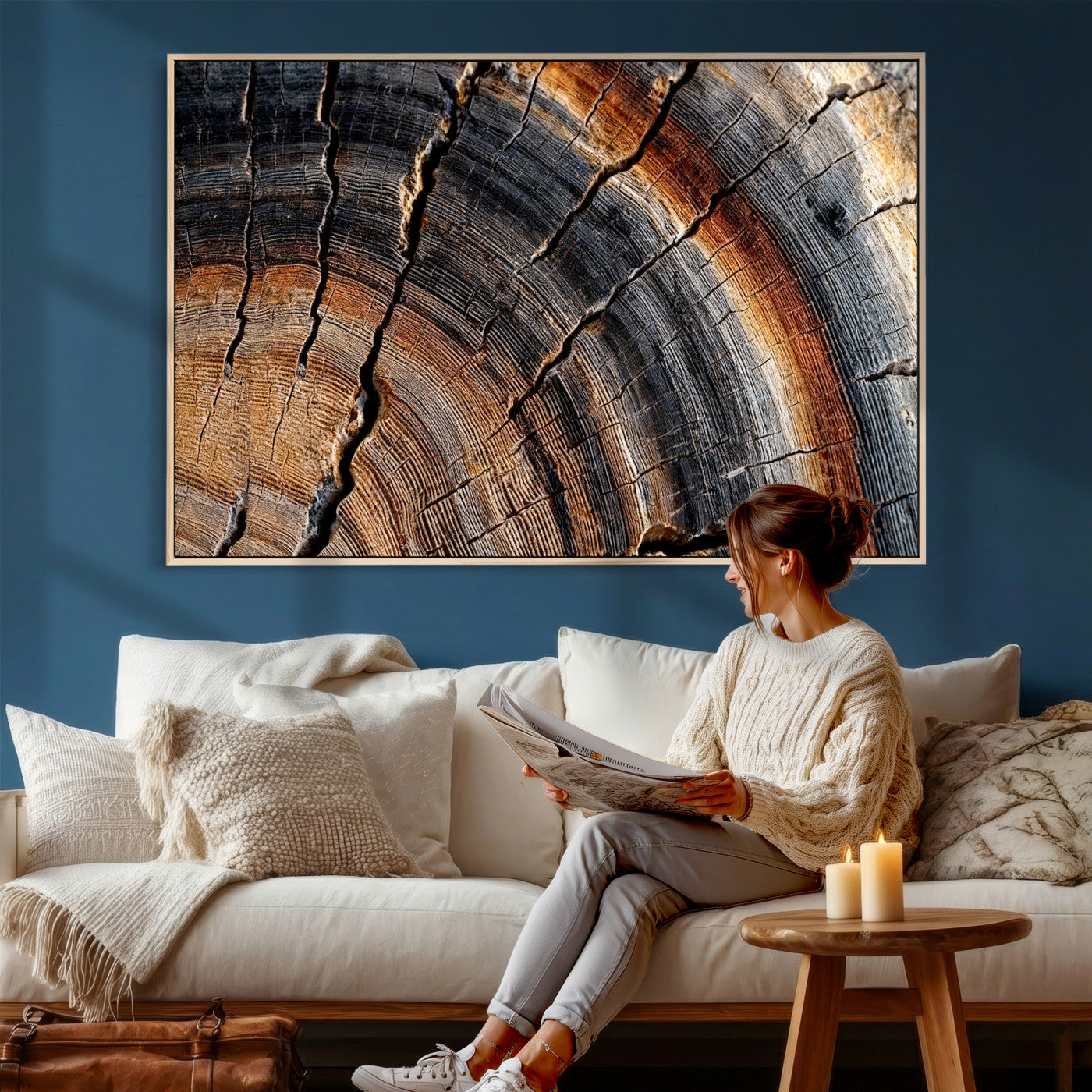 92693966E-MGV-CV-36X24 - Framed Large Abstract Wood Grain Canvas Print, Tree Ring Pattern Wall Art, Framed Canvas Ready to Hang