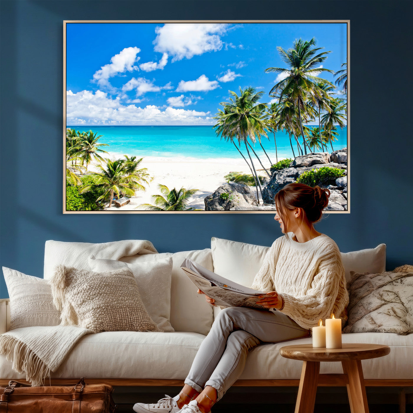 29232878-MGV-CV-36X24 - Barbados Beach Wall Art Canvas Print, Palm Tree Ocean Landscape, Turquoise Sea Coastal Photography, Tropical Island Wall Decor, Framed Ready to Hang