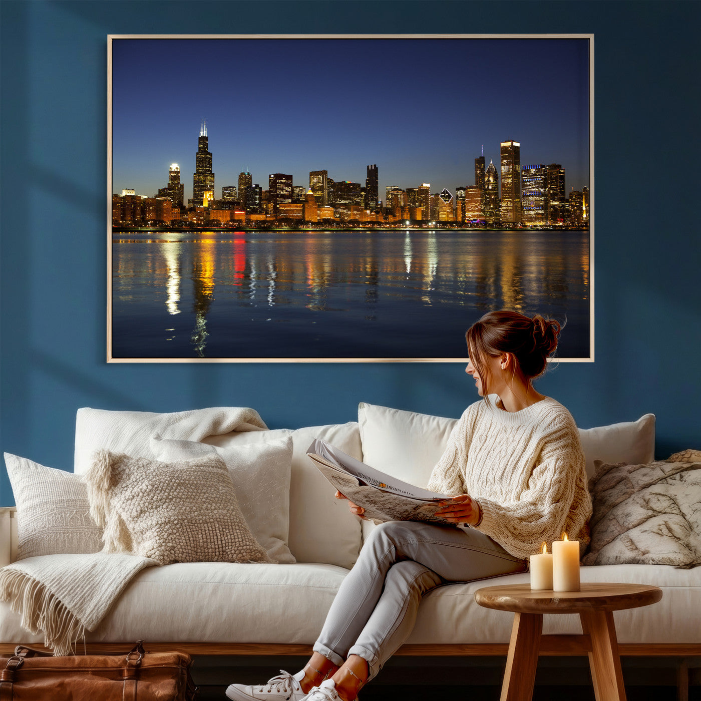 67308035-MGV-CV-36X24 - Chicago Wall Art Canvas Print, Chicago City Downtown Night Cityscape Print for Modern Urban Wall Decor